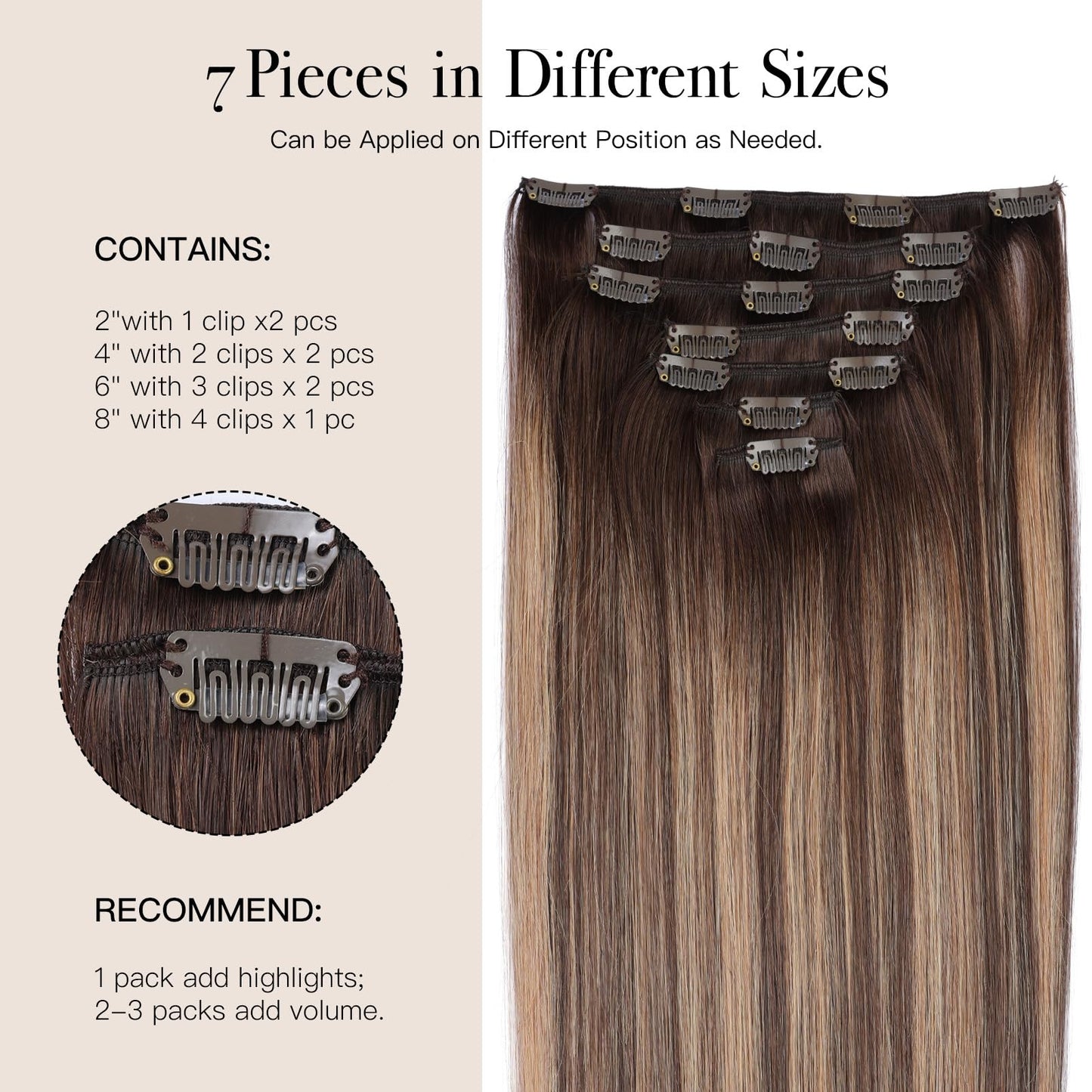 EnthayPow Clip in Hair Extensions Real Human Hair,Chocolate Brown to Caramel Blonde Hair Extensions for Women,Natural Hair Clip in Hair Extensions,Remy Human Hair Extensions,20 Inch 7pcs/120g