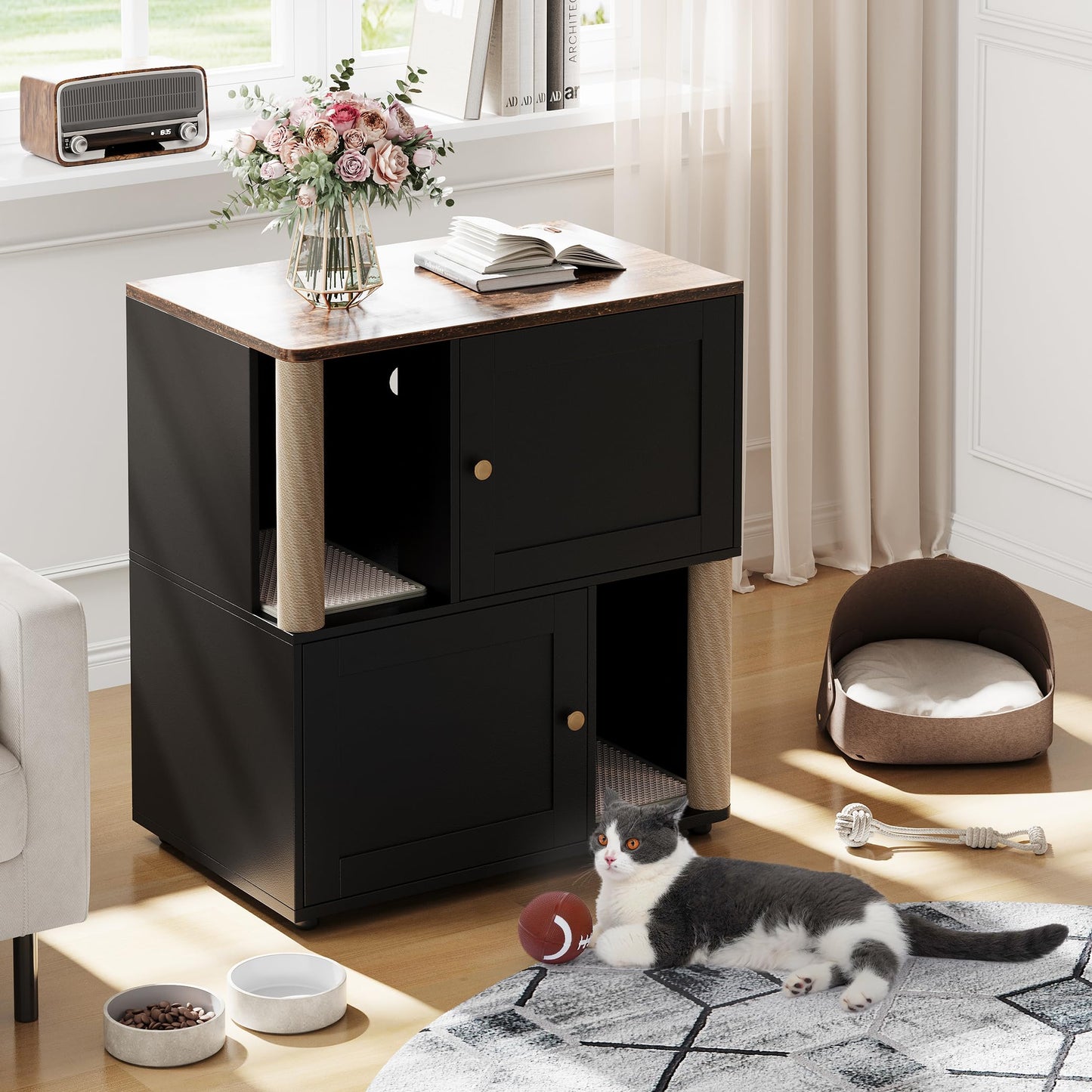 Double Layer Cat Litter Box Enclosure for 2 Cats, Hidden Litter Box Furniture with Cat Scratching Post and Board, 2 Story Wooden Cats Washroom or Bed, Pet House End Table for Living Room Balcony