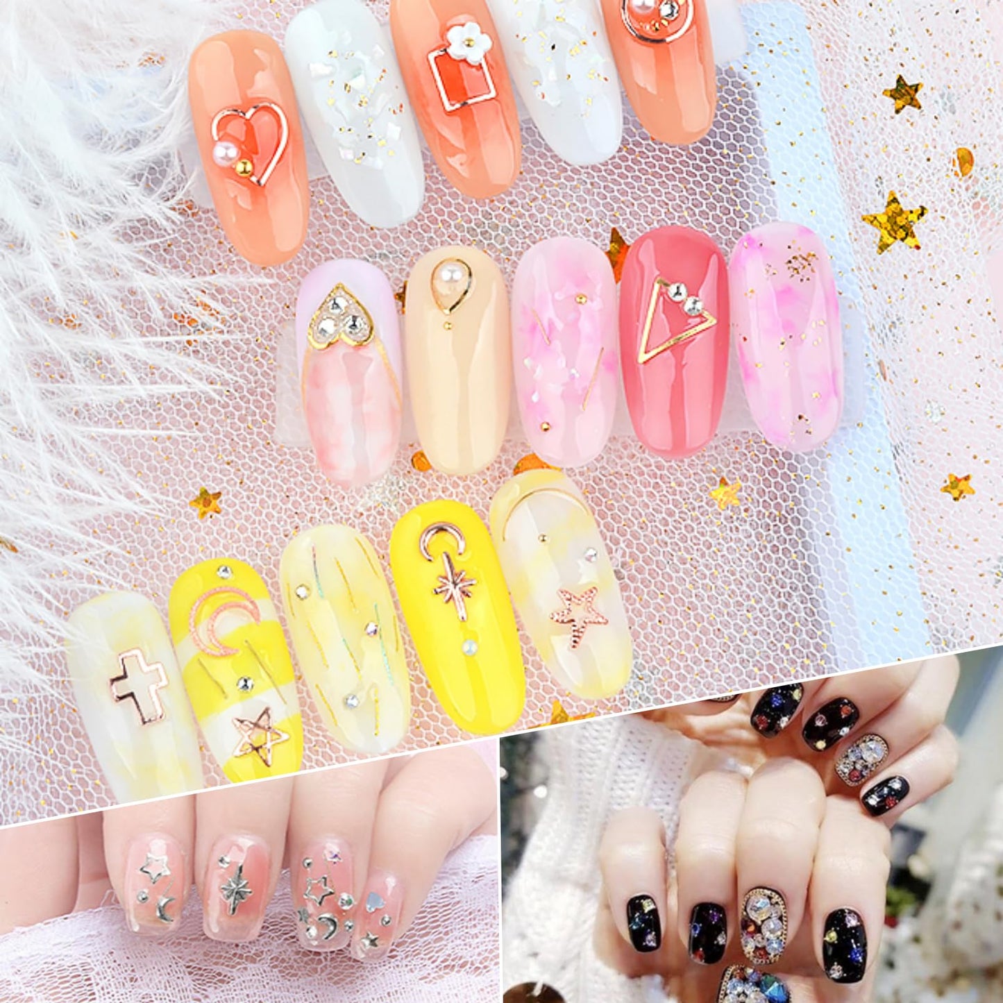 editTime 5 Boxes Gold Silver Metal Nail 3D Punk Studs Star Moon Heart Triangle Square Rivet Gems Nail Art Jewels with a Curved Tweezers and a Nail Brush (gold & rose gold & silver)