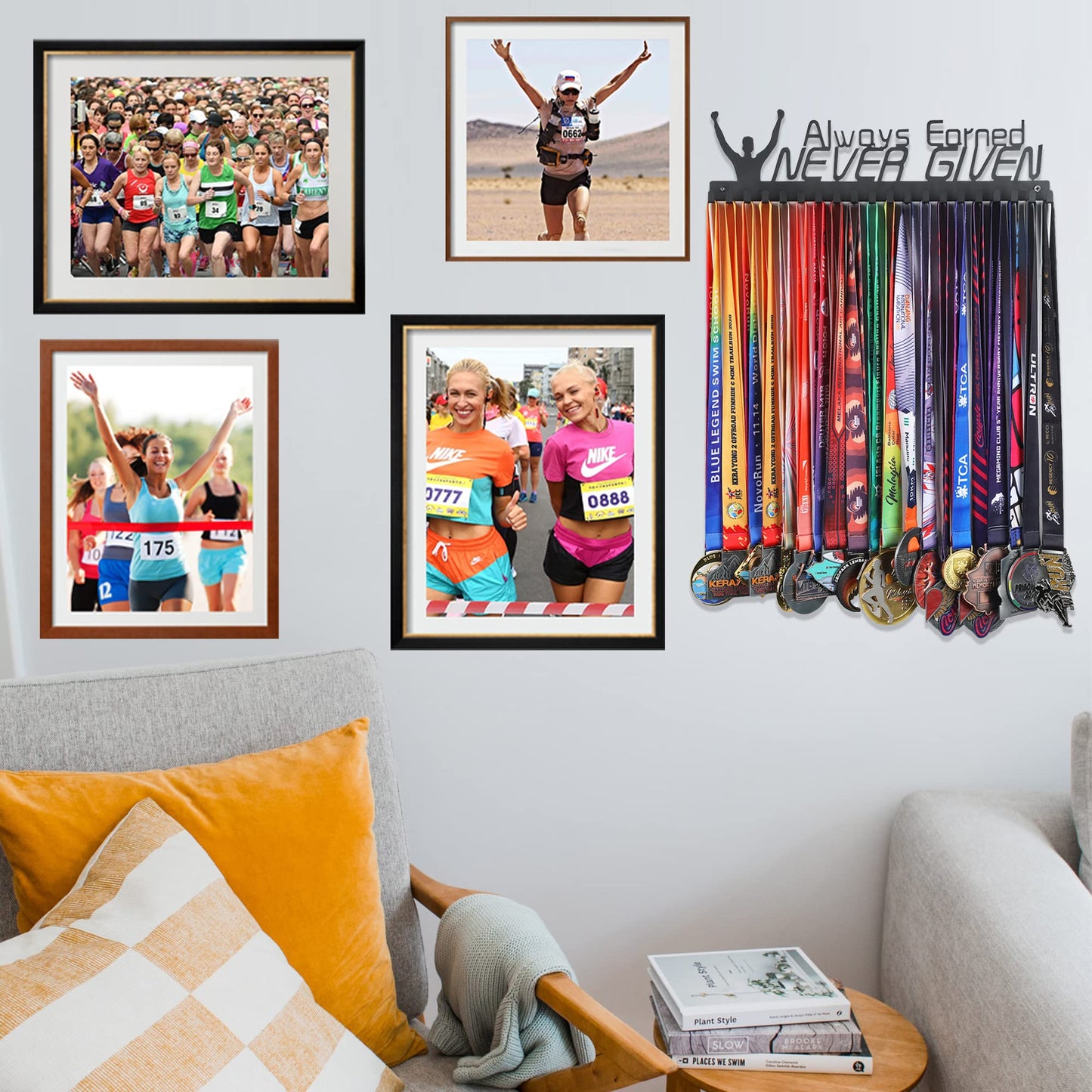 Goutoports Medal Hanger Display Rack - Always Earned Never Given Sports Award Ribbon Hanger With 20 Hooks Hold Up 60 Medals - Durable Metal Holder for Running Showcase and Protect Your Medals in Style