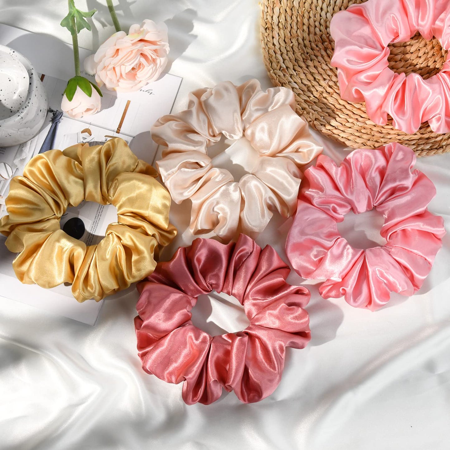 CEELGON Large Silk Satin Scrunchies for Women Big Scrunchies Jumbo Satin Hair Ties Oversized Hair Scrunchies for Thick Curly Hair Pack of 6 (Pink,Champagne,Ivory,Gold)