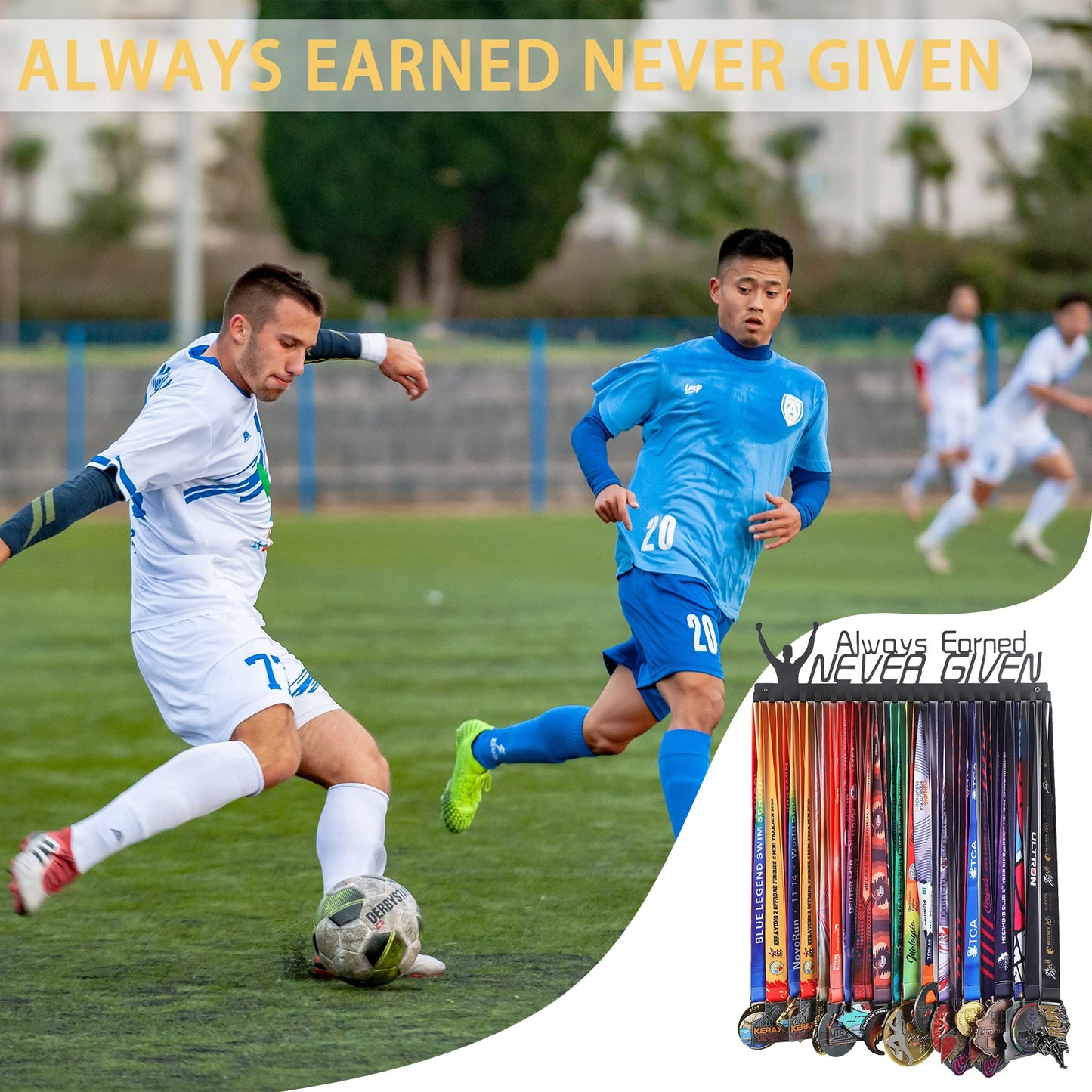 Goutoports Medal Hanger Display Rack - Always Earned Never Given Sports Award Ribbon Hanger With 20 Hooks Hold Up 60 Medals - Durable Metal Holder for Running Showcase and Protect Your Medals in Style