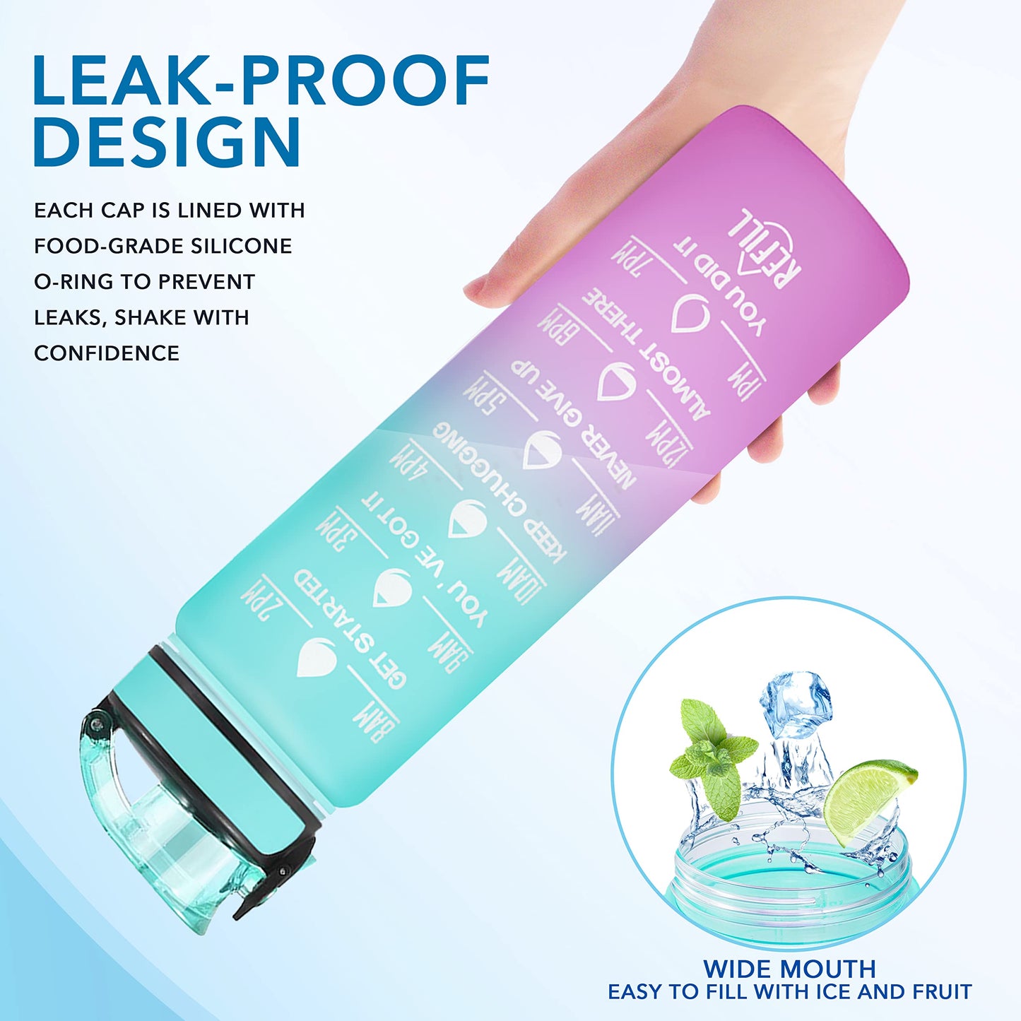 Enerbone 32 oz Water Bottle, Leakproof BPA & Toxic Free, Motivational Water Bottle with Times to Drink and Straw, Fitness Sports Water Bottle with Strap for Office, Gym, Outdoor Sports, Green-Purple