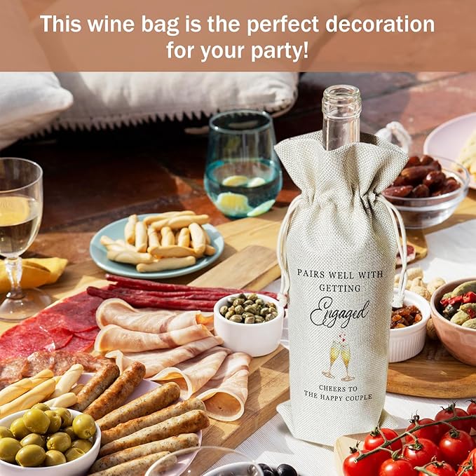 Engagement Wine Gift Bags & Card, Bridal Shower Gift Wedding Gifts for Bride Groom Newlyweds Newly Engaged Couples, 1 pcs Reusable Burlap Wine Gift Bags for Wine Bottles, Wedding Party Favor -06