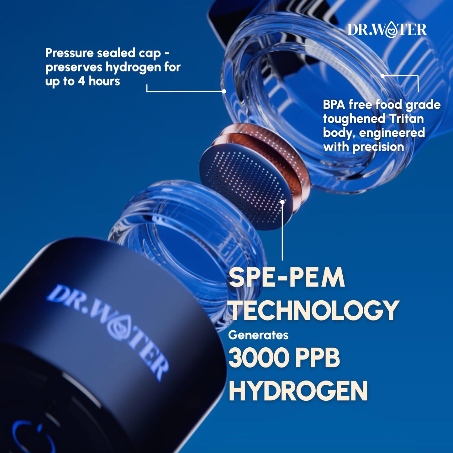 Dr.Water Hydrogen Water Bottle - 3X More Hydrogen Concentration - 32oz Hydrogen Water Bottle Generator - Portable Hydrogen Water Machine | Certified H2 Generator - HydroStanley Black