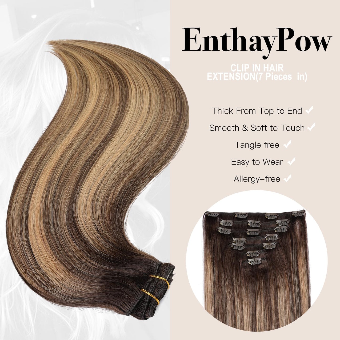 EnthayPow Clip in Hair Extensions Real Human Hair,Chocolate Brown to Caramel Blonde Hair Extensions for Women,Natural Hair Clip in Hair Extensions,Remy Human Hair Extensions,20 Inch 7pcs/120g
