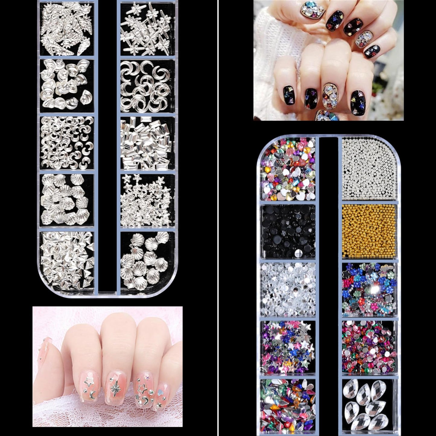 editTime 5 Boxes Gold Silver Metal Nail 3D Punk Studs Star Moon Heart Triangle Square Rivet Gems Nail Art Jewels with a Curved Tweezers and a Nail Brush (gold & rose gold & silver)