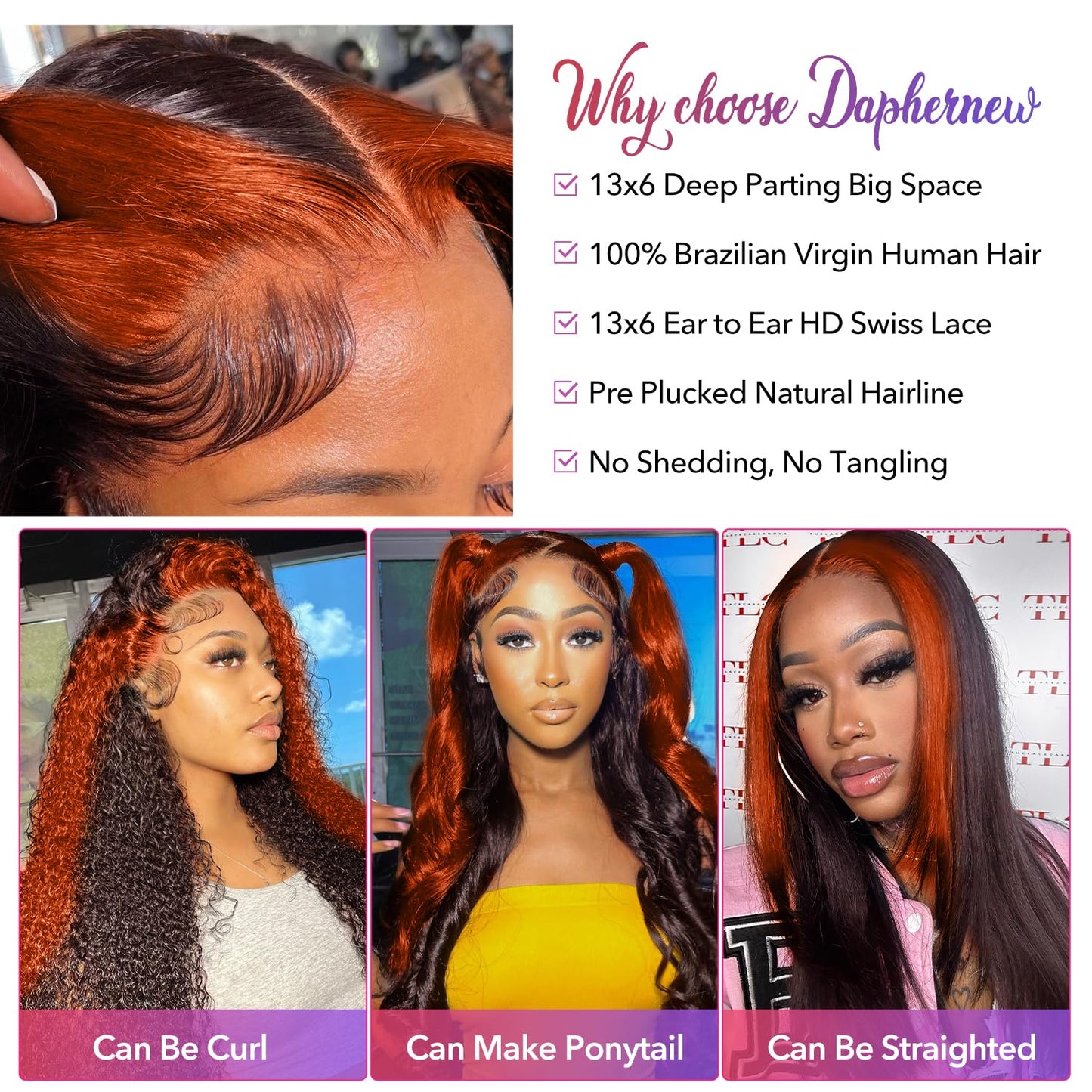 200% Density 13x6 Lace Front Wigs - Human Hair Pre-Plucked Ombre Ginger Orange - Glueless - 32Inch