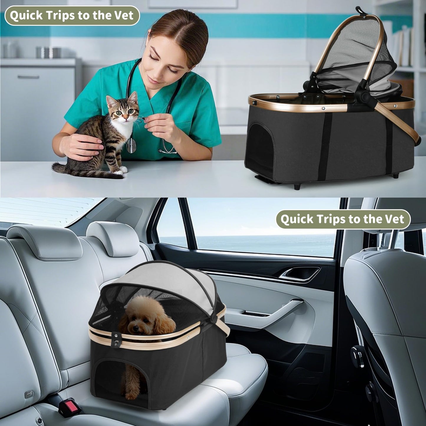 Double Pet Stroller for Dogs and Cats: Dog Stroller Foldable Travel Carriage with Detachable Carriers, Safety Belts, and 4 Lockable Wheels for Small to Medium Pets – Ideal for Multi-Pet Homes (Black)