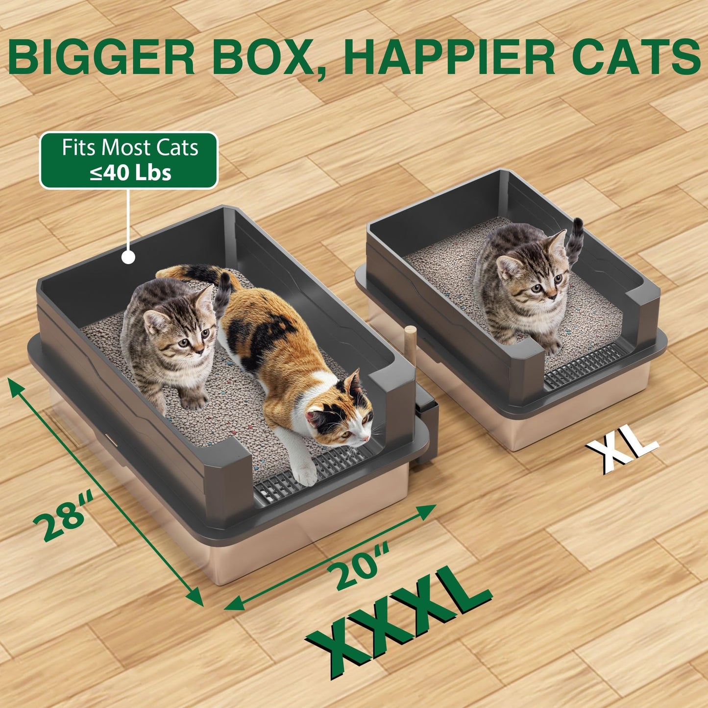 2-Pack XXXL Stainless Steel Cat Litter Box – Extra Large 28" L x 20" W with High Sides & Lid, Non-Stick, No Odor, Leak-Proof Metal Boxes for Large & Multiple Cats, Easy to Clean