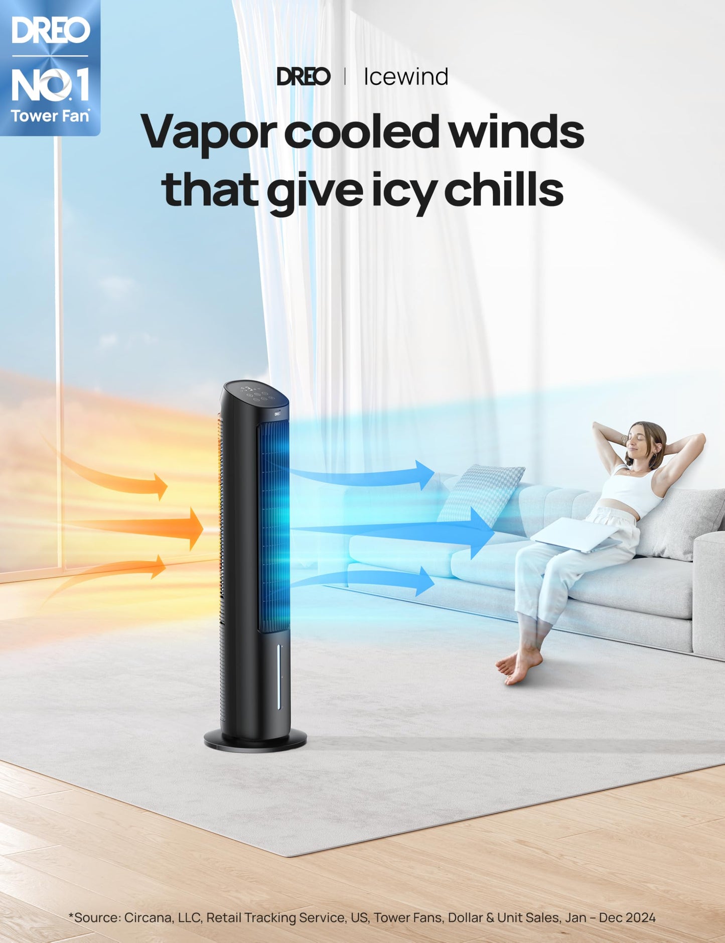 Dreo Tower Fan for Bedroom, 40" Evaporative Air Cooler, Cooling Fans That Blow Cold Air with 80° Oscillating, Removable Water Tank, 3 Modes 4-Speed, Remote Control, Quiet Floor Fan, 7H Timer,Black