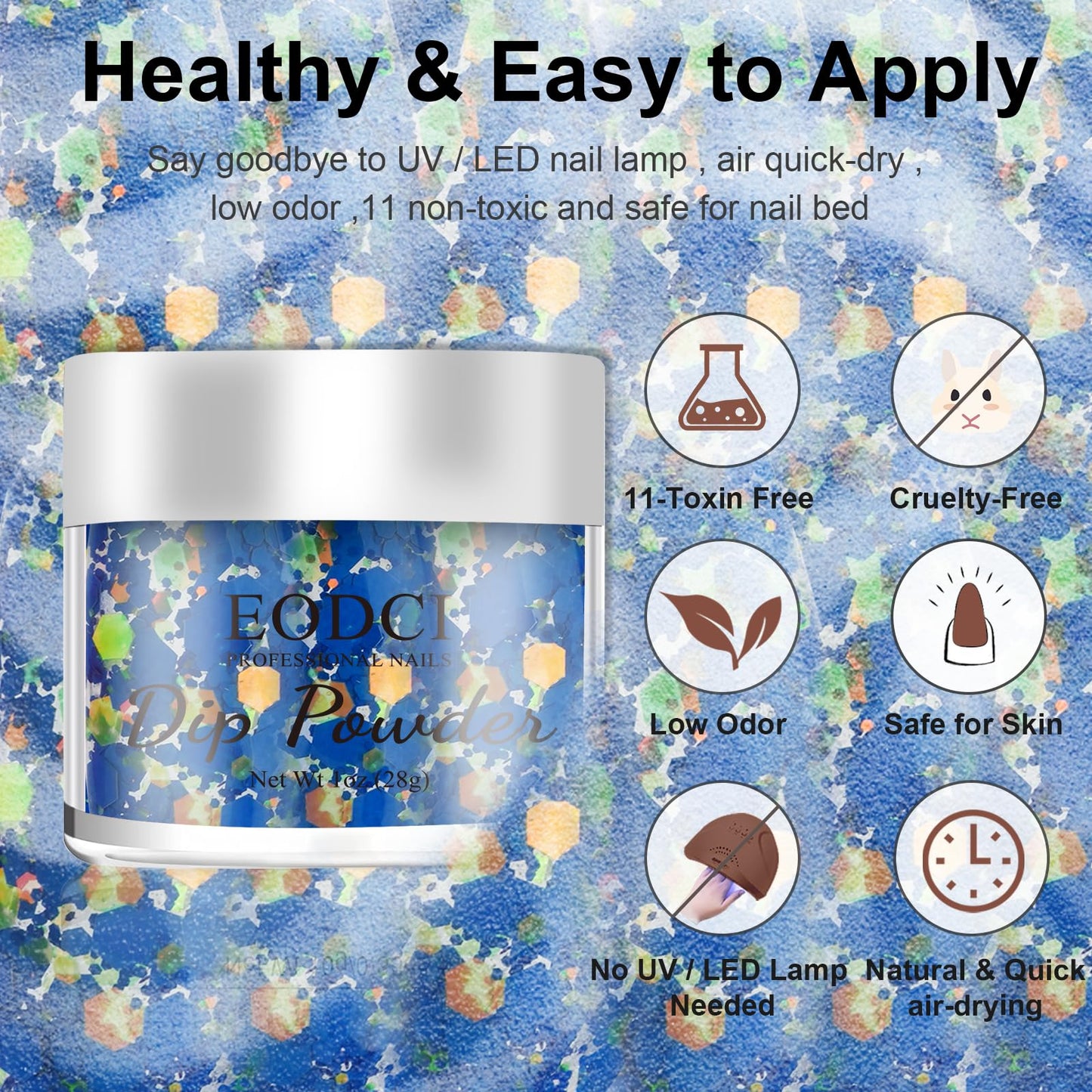 EODCI Dopamine Nail Dip Powder - Blue Glitter Hexagon Sequins Paillette Dip Powder Nails - Long-lasting, No UV Light Needed