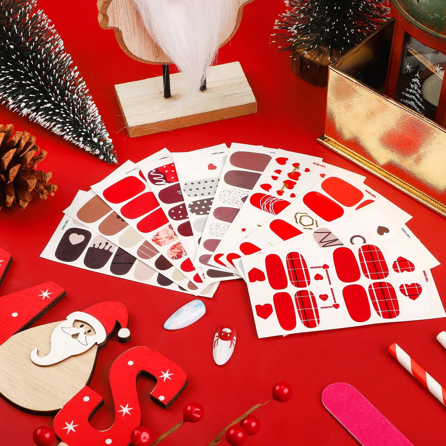 140 Pcs 10 Sheets Valentine's Day Full Wrap Nail Stickers Polish Strips Gradient Stickers Glitter Self Adhesive DIY Art Decals Strips with 2 Pcs Nail Files for Valentine Decor (Sweet Style)