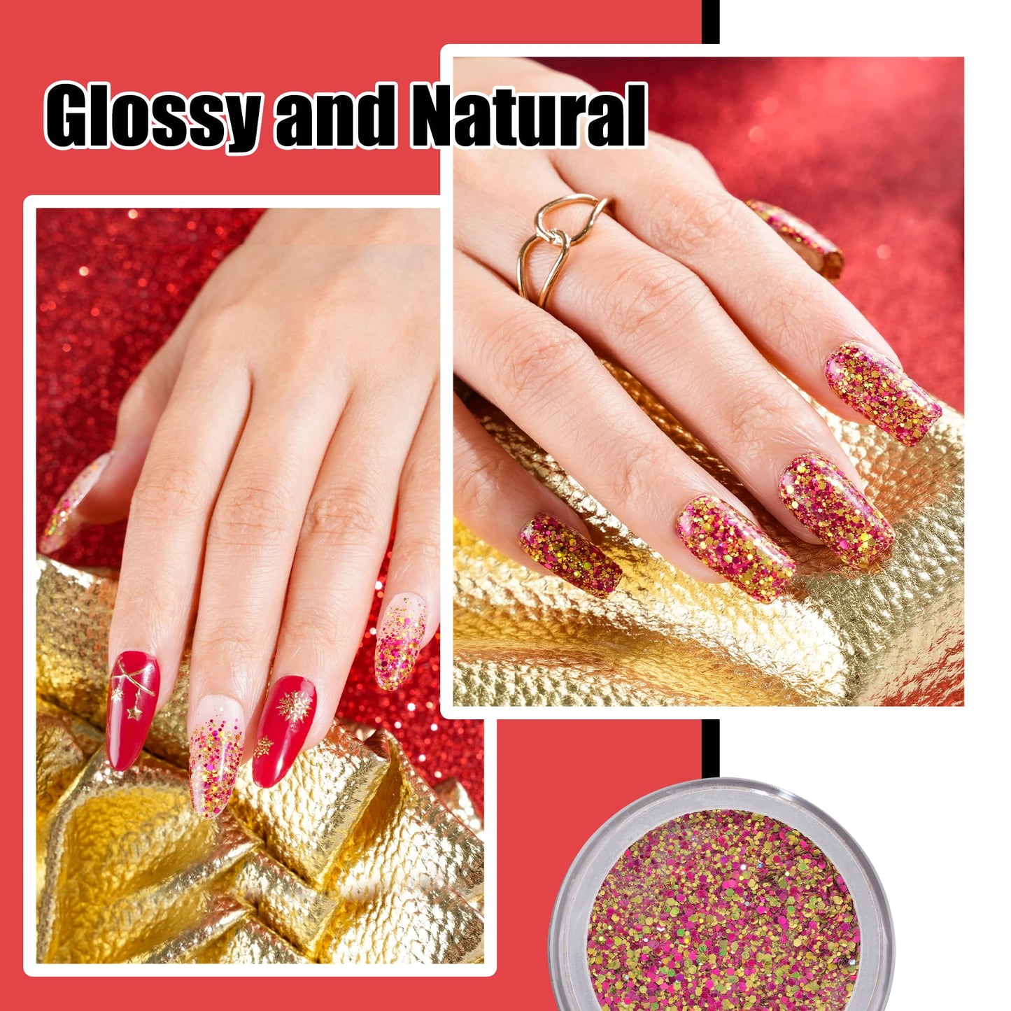 EODCI 1 Oz Glitter Sequins Orange Nail Dip Powder, Odor-Free and Long-Lasting, No Needed Nail Lamp Curing, Dipping Powder French Nail Art Starter Manicure
