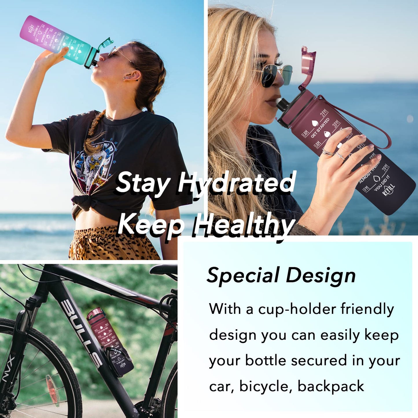 Enerbone 32 oz Water Bottle, Leakproof BPA & Toxic Free, Motivational Water Bottle with Times to Drink and Straw, Fitness Sports Water Bottle with Strap for Office, Gym, Outdoor Sports