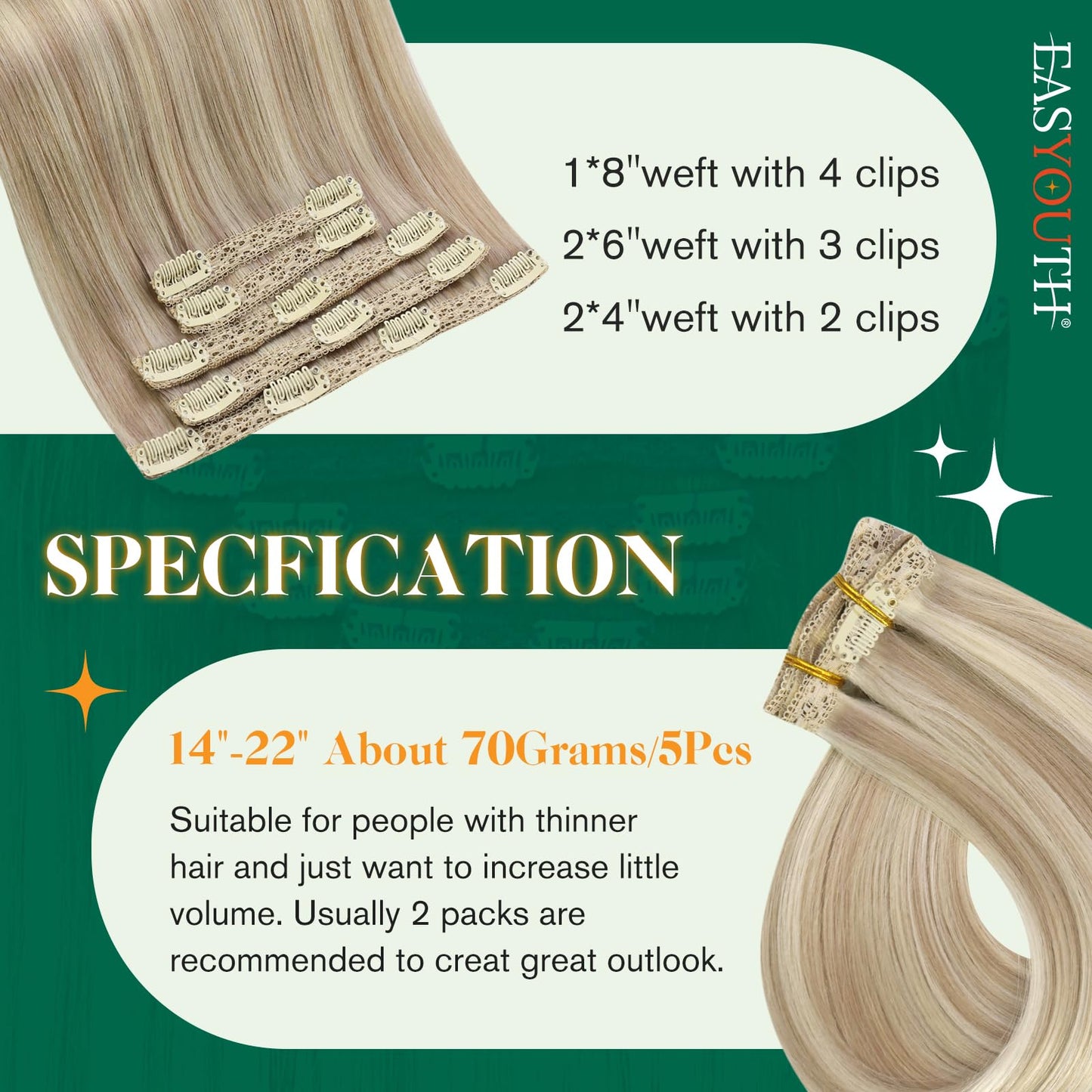 Easyouth Clip in Hair Extensions Real Human Hair Highlight Clip in Hair Extensions Ash Blonde Highlights Bleach Blonde Hair Extensions Clip ins Double Weft 12 Inch 70g 5pcs
