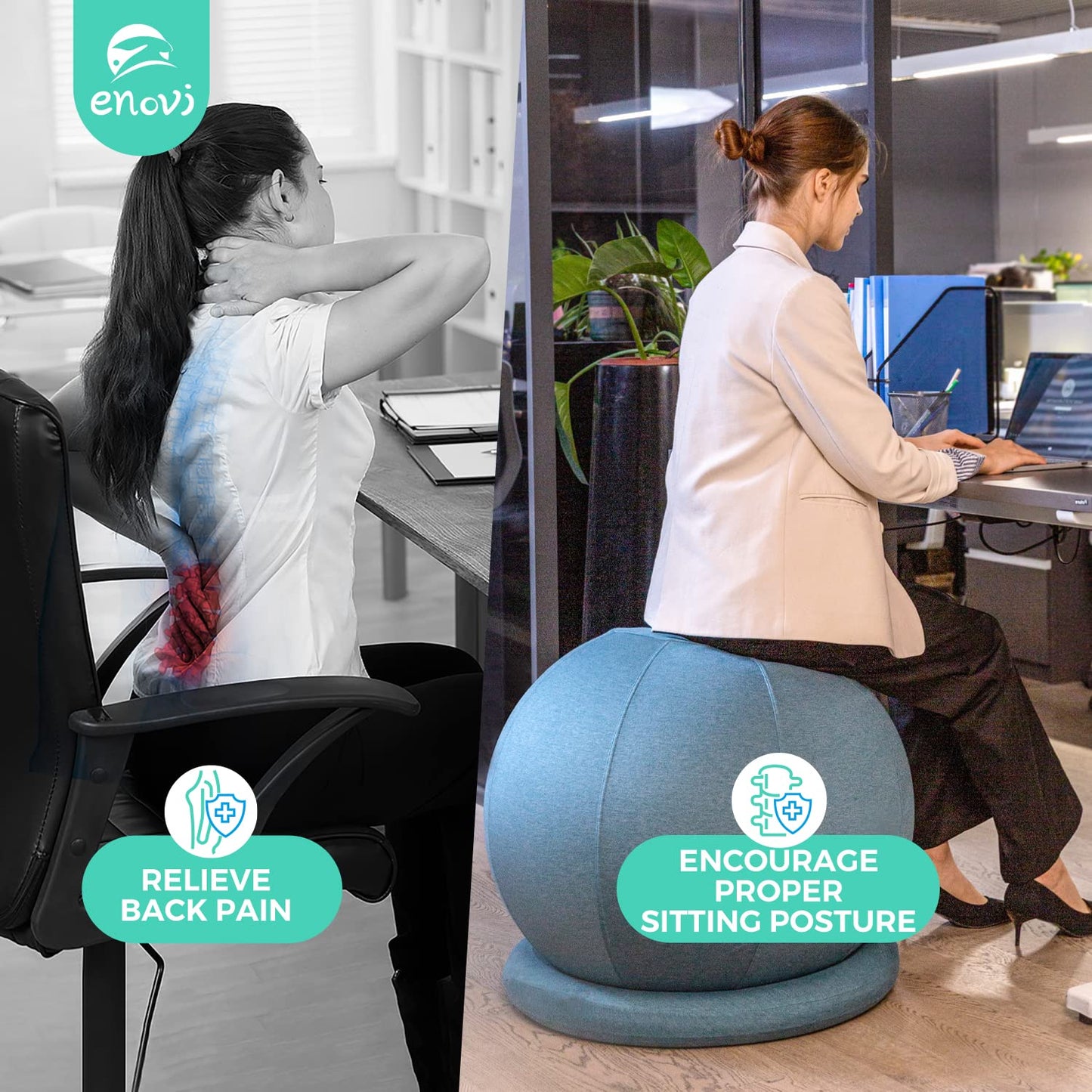 ENOVI ProBalanceΩ Ball Chair, Yoga Ball Chair Exercise Ball Chair with Slipcover and Base for Home Office Desk, Birthing & Pregnancy, 75cm, CR