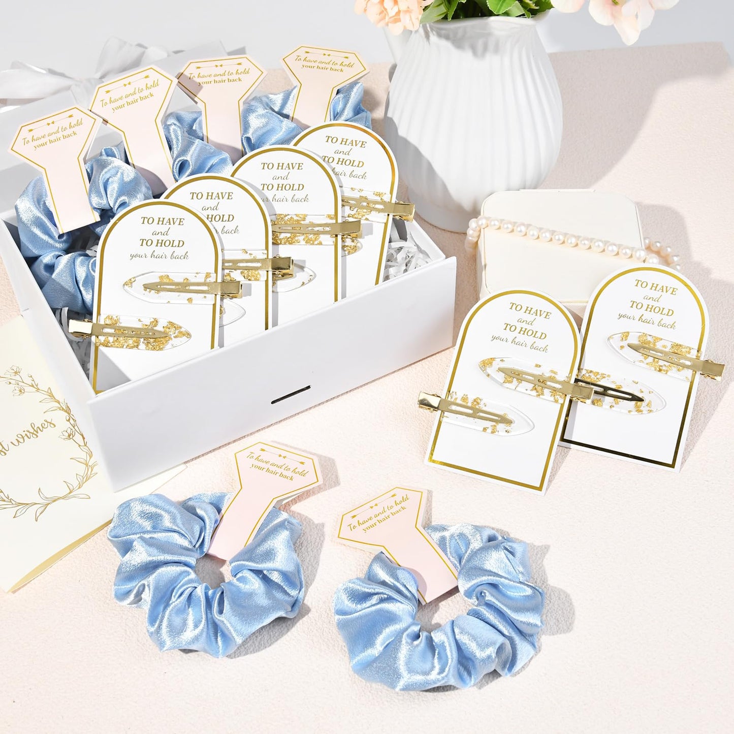 12 PCS Silk Satin Soft Blue Hair Accessories - Bridesmaid Proposal Favors with Hair Clips, Scrunchies, and Bridal Shower Gifts for Women and Girls