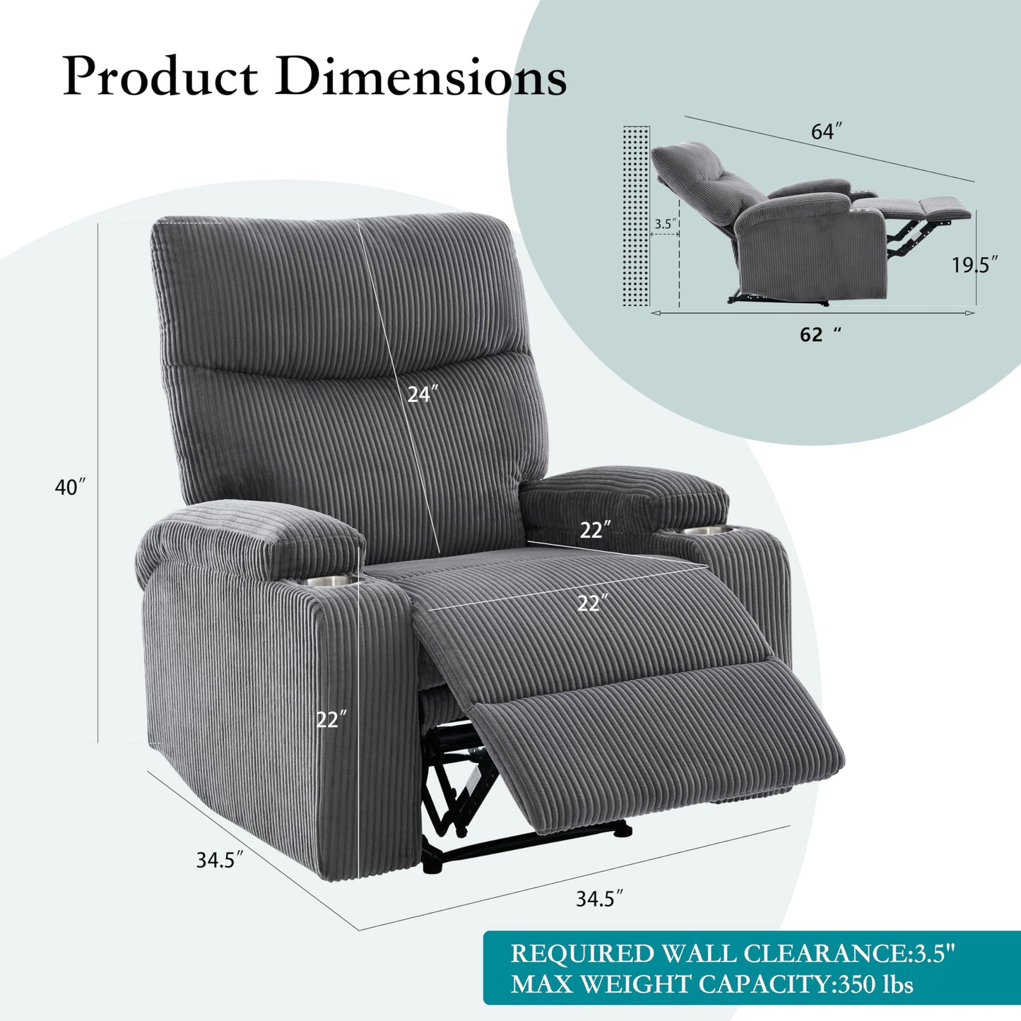 2 Pcs Recliner Chair, Manual Sofa-3 Comfortable Seating Positions, Ideal for Living Room, Office, RV, or Home Theater, Oversized Recliner Chairs for Adults(Dark Grey)