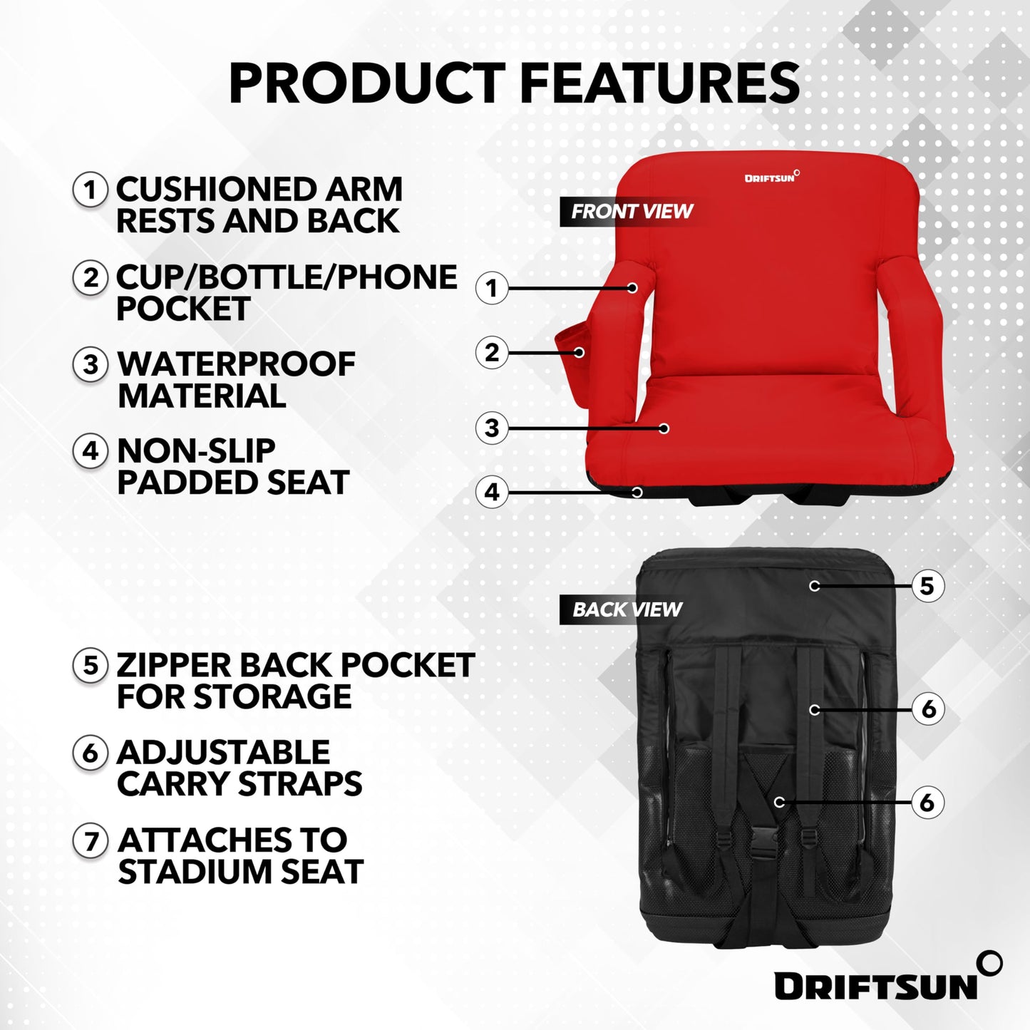 Driftsun Stadium Seats with Back Support, Deluxe Bleacher Chairs with Back Support and Cushion, Padded Stadium Seats, Waterproof Stadium Chair