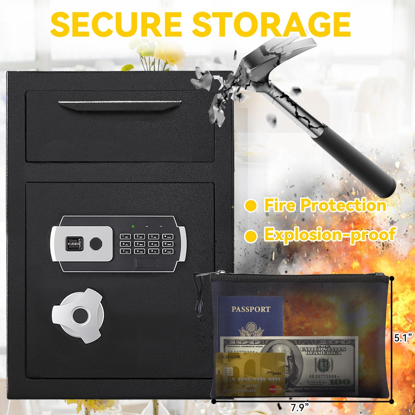 2.6 CUB Depository Drop Safe Fireproof, Front Drop Slot Lock Box with Digital Combination and Anti-Fishing, Silent Deposit Safe Box, Security Money Safe for Cash Slips Expense Business Office Home