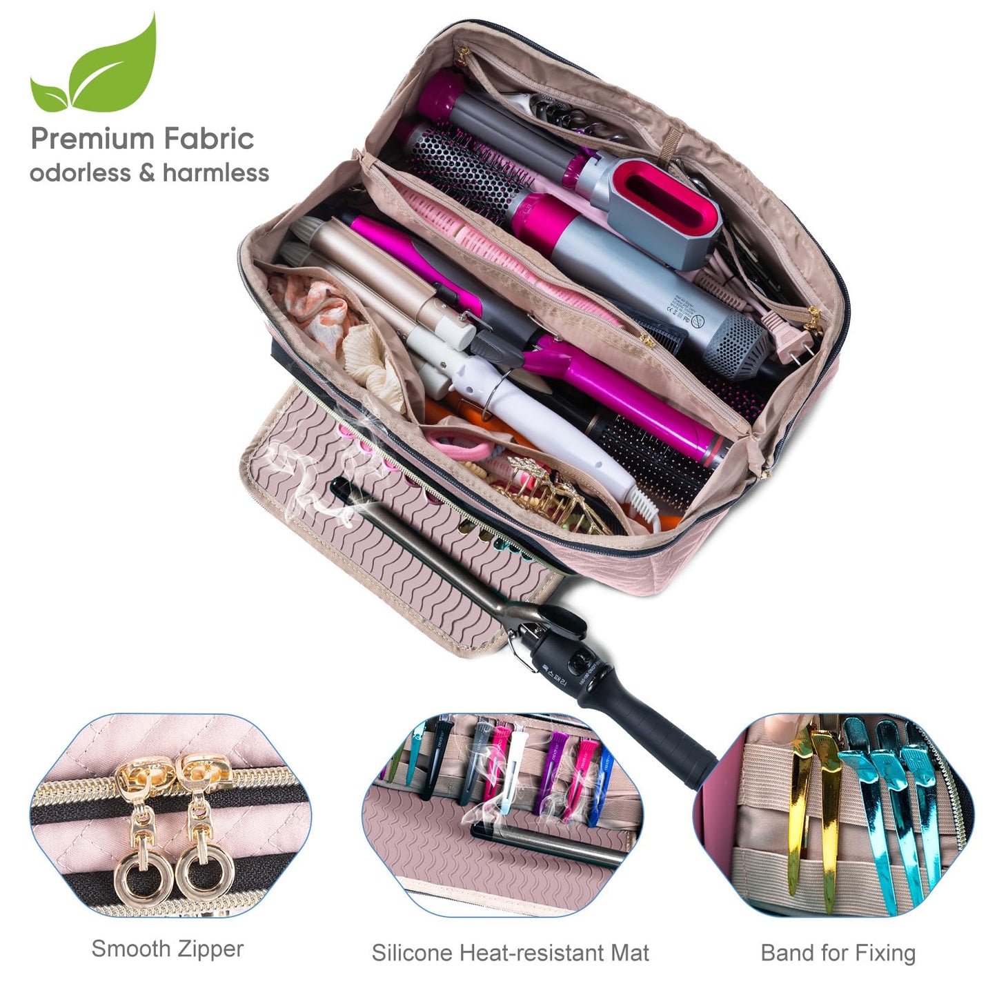ELCUPA Large Hair Tools Travel Bag with Iron Mat - 2in1 Hair Tools Organizer for Hair Dryer Brush, Flat Irons, Straighteners, Curling Irons, Hair Bag, Makeup Bag, Cosmetic Bag for Travel Essentials
