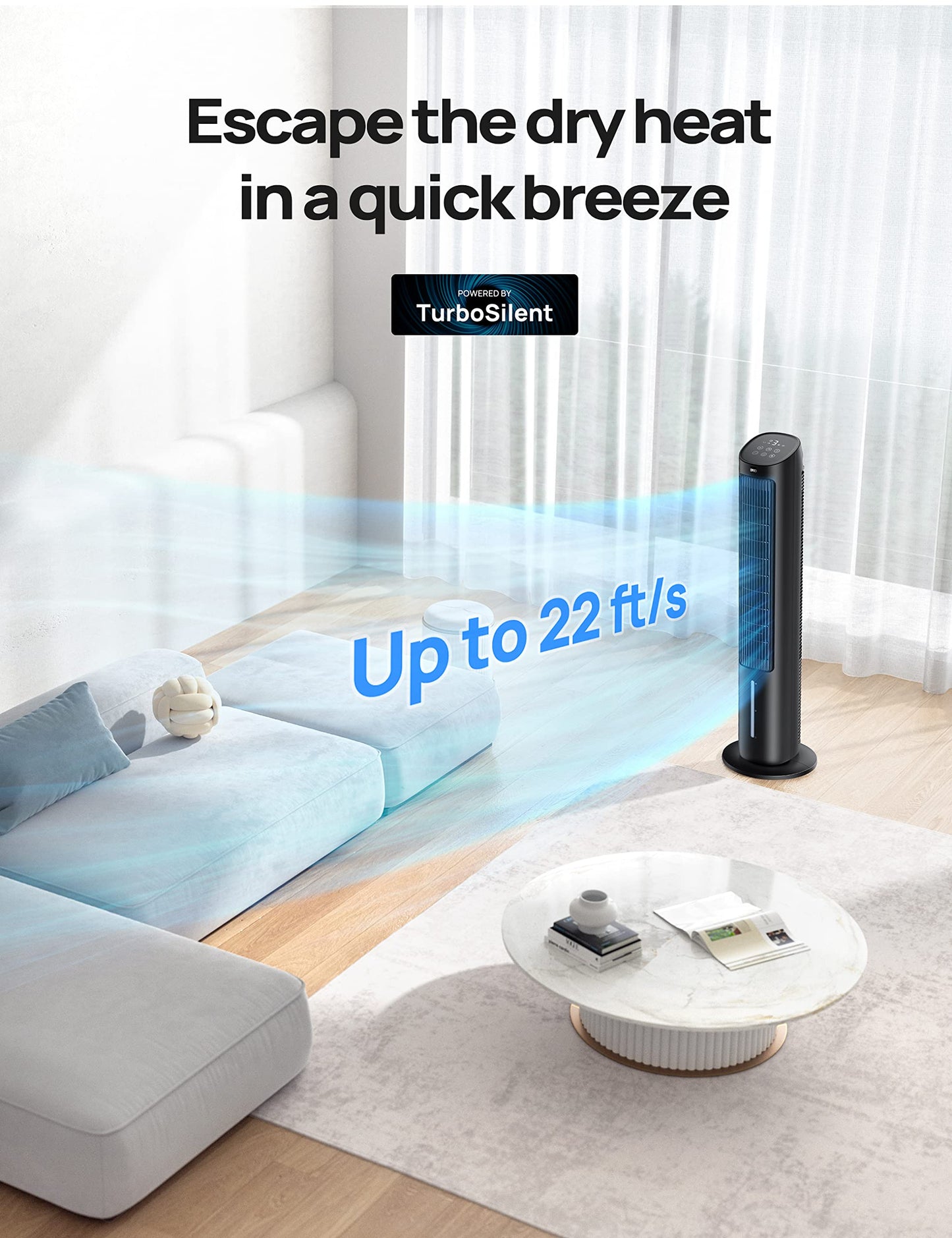 Dreo Tower Fan, 40” Fans that Blow Cold Air, 80° Oscillating, Removable Water Tank, Remote Control, 4 Speeds, 7H Timer, Bedroom, Black