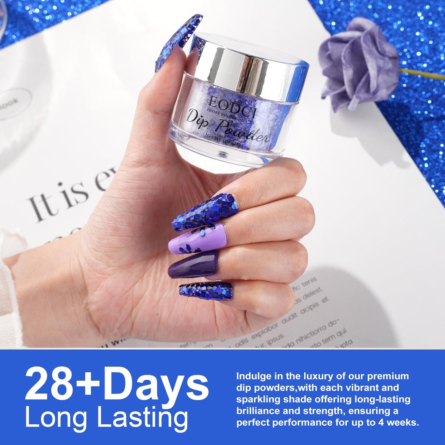EODCI Glitter Dark Blue Dip Powder, 1 Oz/28g Nail Dipping for DIY Manicure Salon at Home Easy to Use Nail Dip Powder for Women gift No Needed Lamp Curing