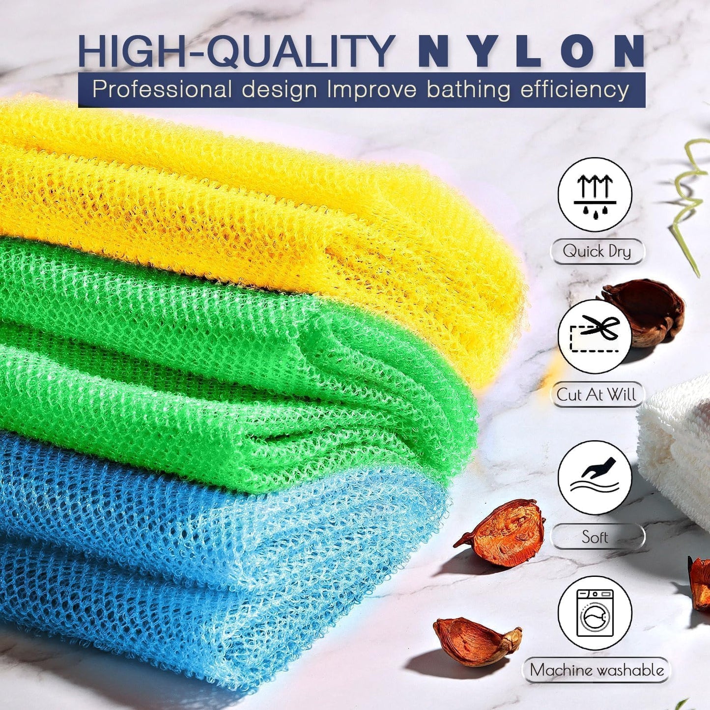 3 Pieces African exfoliating net African Net Long Net Bath Sponge Exfoliating Shower Body Scrubber Back Scrubber Skin Smoother,Great for Daily Use (Yellow, Green, Blue)