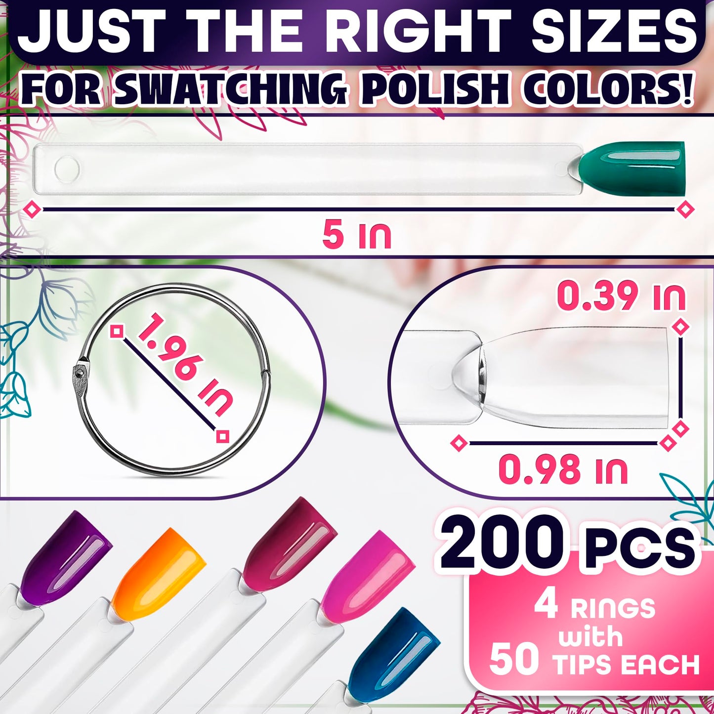 200 Pcs Clear Nail Swatch Sticks - Nail Swatches for Gel Polish - Transparent Acrylic Practice Tips with Metal Rings, Suitable for Displaying Colors, Training Templates for Beginners and Professionals