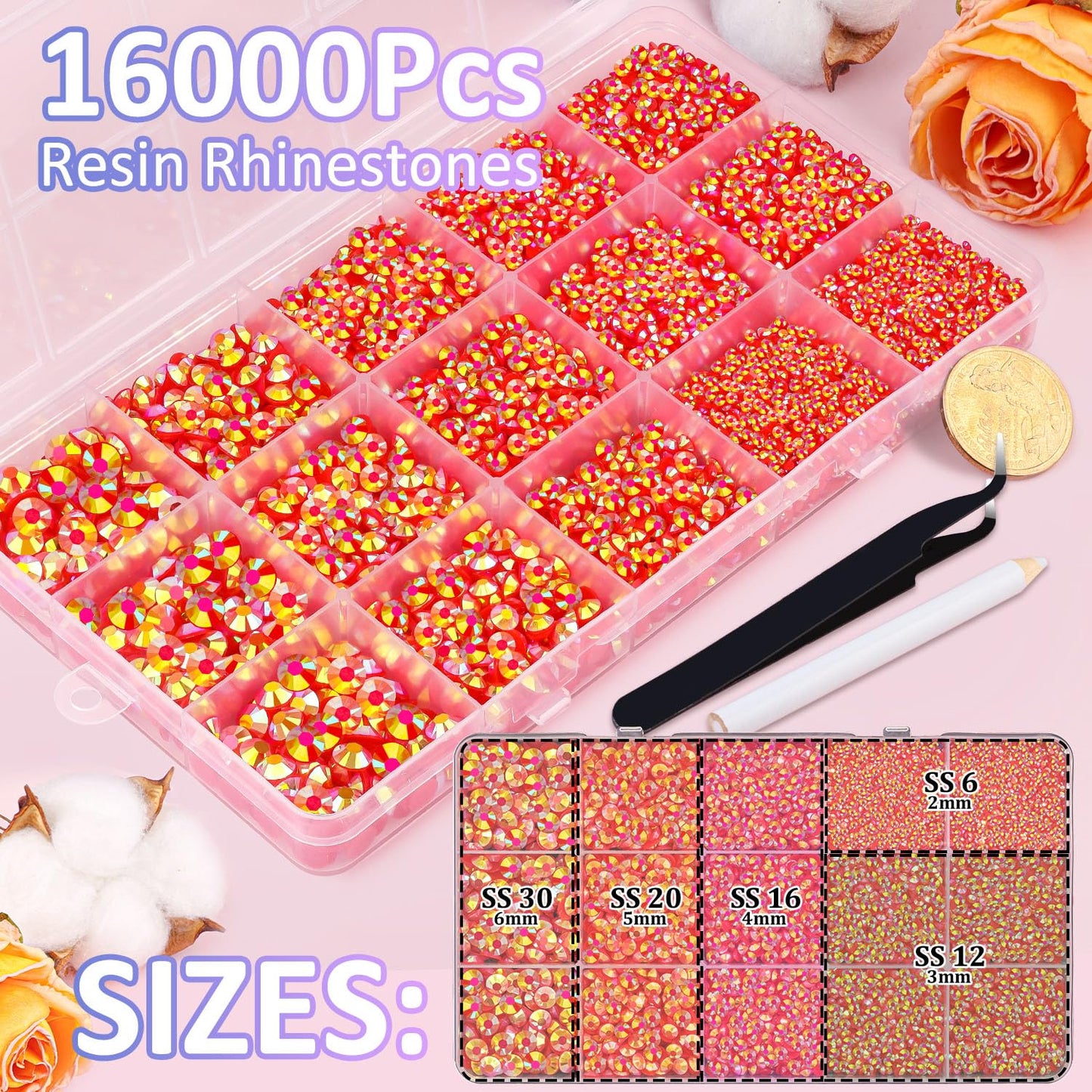 16000Pcs Resin Jelly Rhinestones with Tweezers for Crafting, Red AB 2-6mm Mixed Sizes Flatback Gems, Bedazzling Crystal for DIY Crafts Clothing Tumblers Mugs Shoes Fabric Nail Art