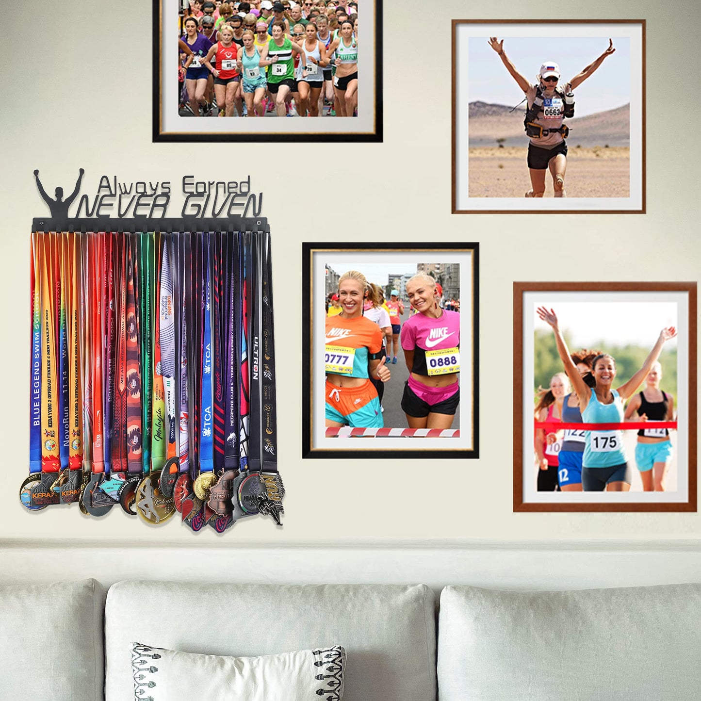 Goutoports Medal Hanger Display Rack - Always Earned Never Given Sports Award Ribbon Hanger With 20 Hooks Hold Up 60 Medals - Durable Metal Holder for Running Showcase and Protect Your Medals in Style