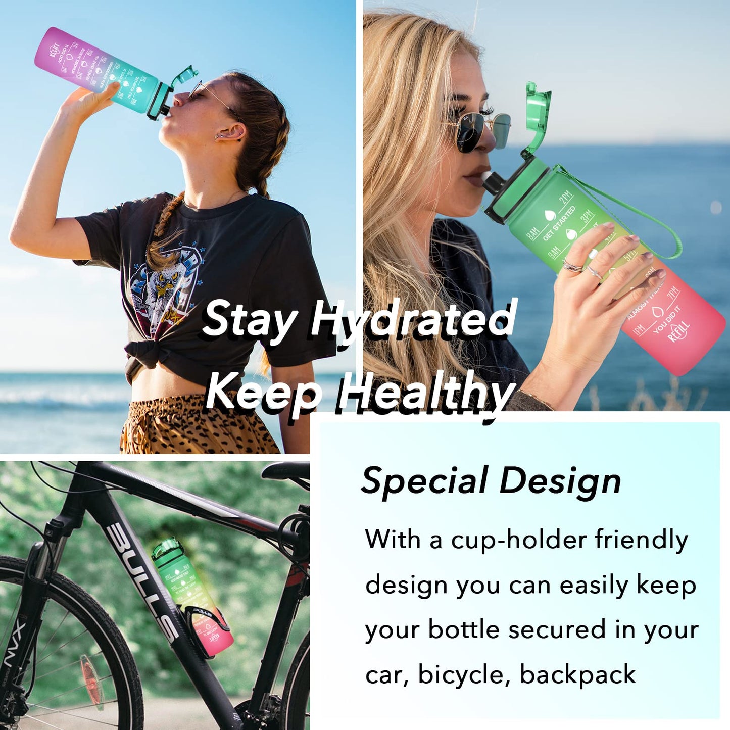 Enerbone 32 oz Water Bottle, Leakproof BPA & Toxic Free, Motivational Water Bottle with Times to Drink and Straw, Fitness Sports Water Bottle with Strap for Office, Gym, Outdoor Sports