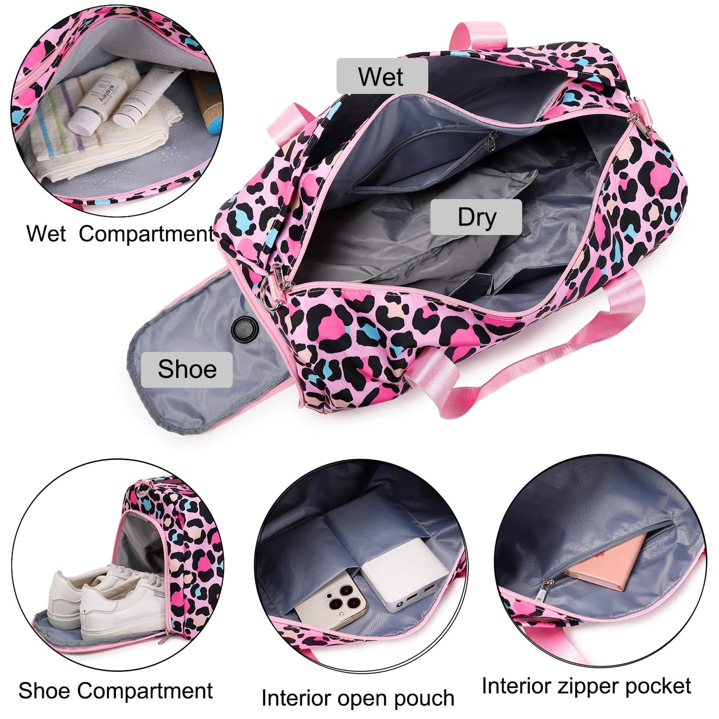 Duffle Bag for Teens Girls Teen Dance Bag Leopard Print Pink Gym Bag with Shoes Compartment & Wet Separation Waterproof Sports Overnight Travel Bag