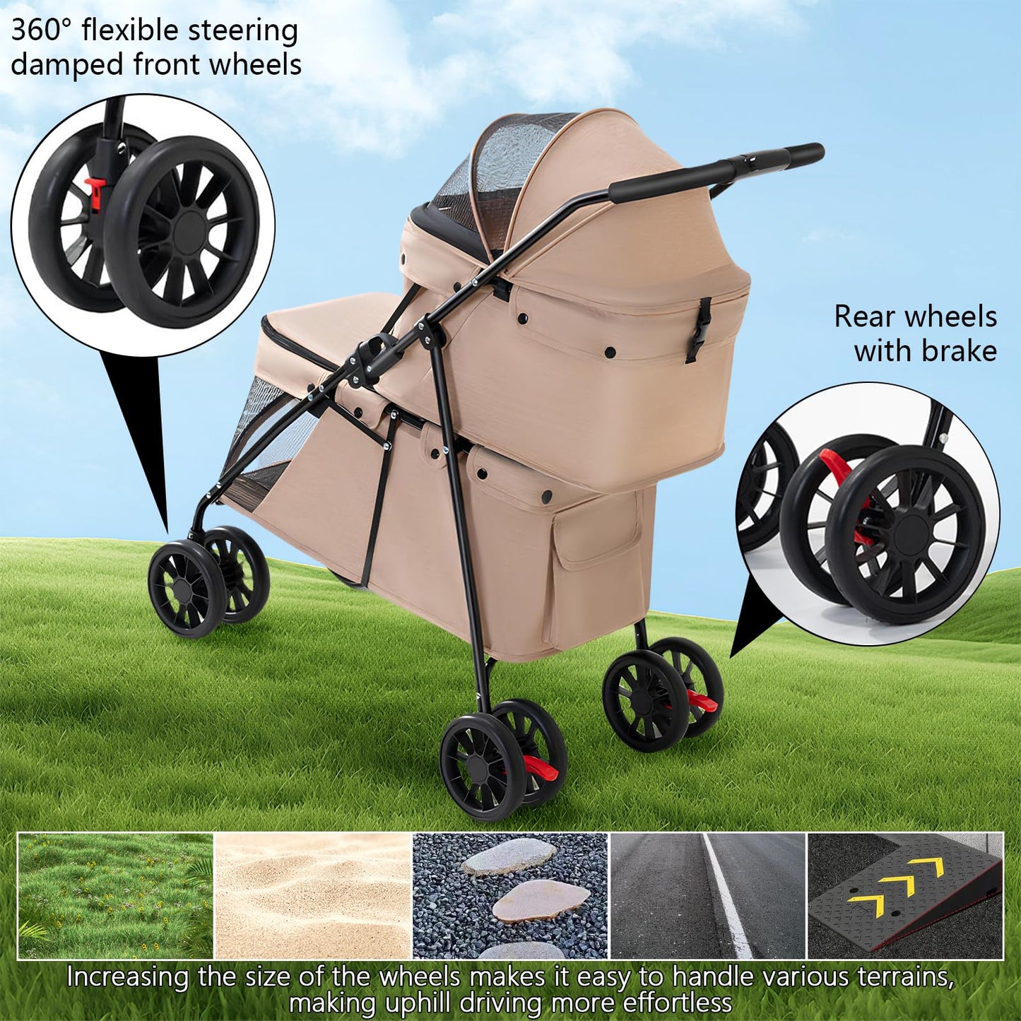 Double Pet Stroller for Medium Small Dogs and Cats with 2 Carriage, Durable Universal Wheels with Brakes Lightweight One Hand Foldale Kittens Puppies Travel Strolling Cart (Brown)