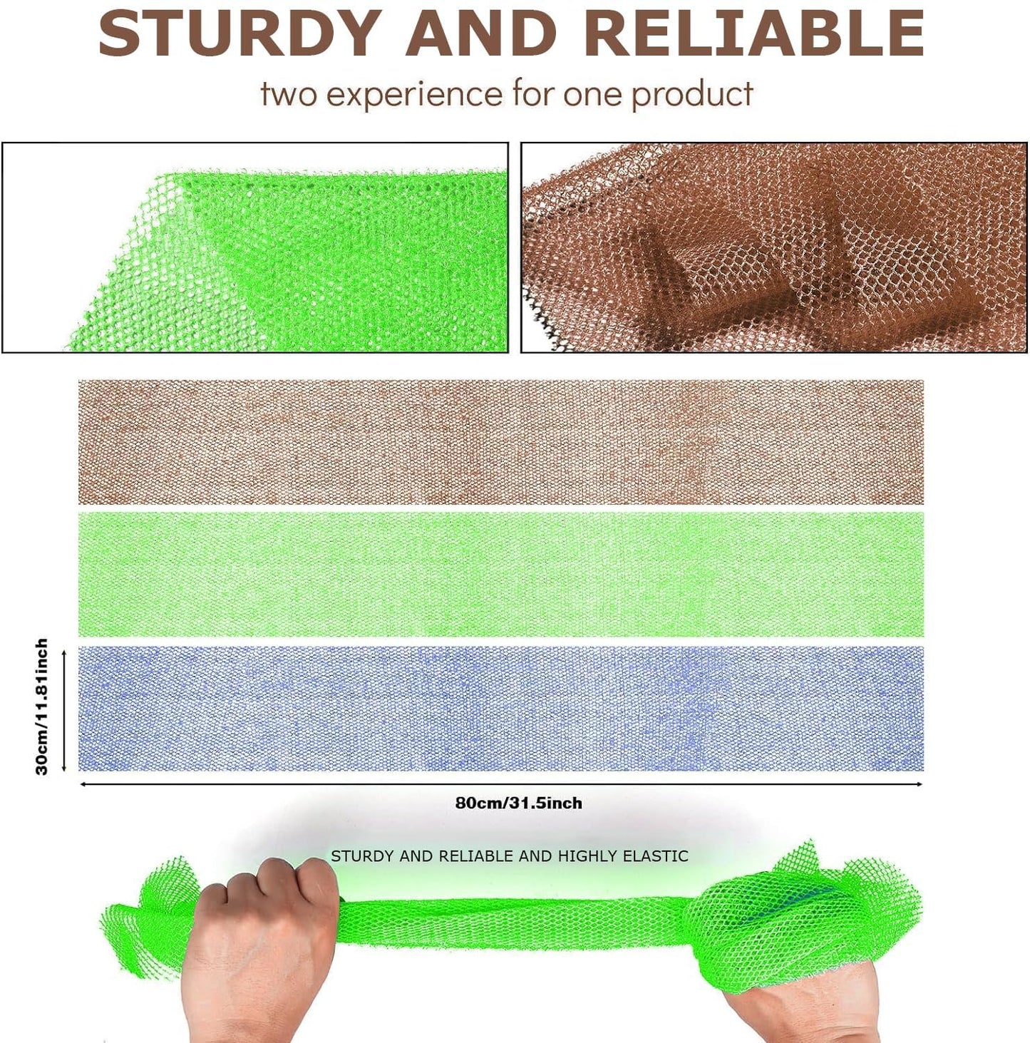 3 Pieces African Bath Sponge African Net Long Net Bath Sponge Exfoliating Shower Body Scrubber Back Scrubber Skin Smoother,Great for Daily Use (Brown、Blue、Green)