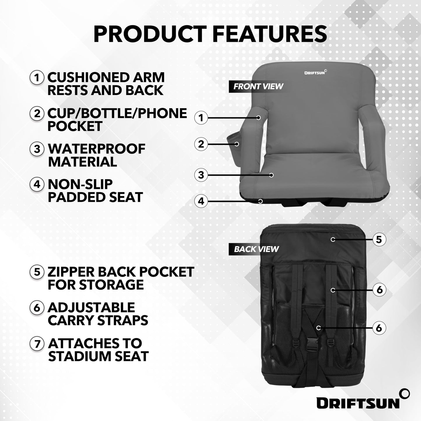 Driftsun 2 Pack Stadium Seats with Back Support, Deluxe Bleacher Chairs with Back Support, Padded Stadium Seats with Backs, Waterproof Stadium Chair