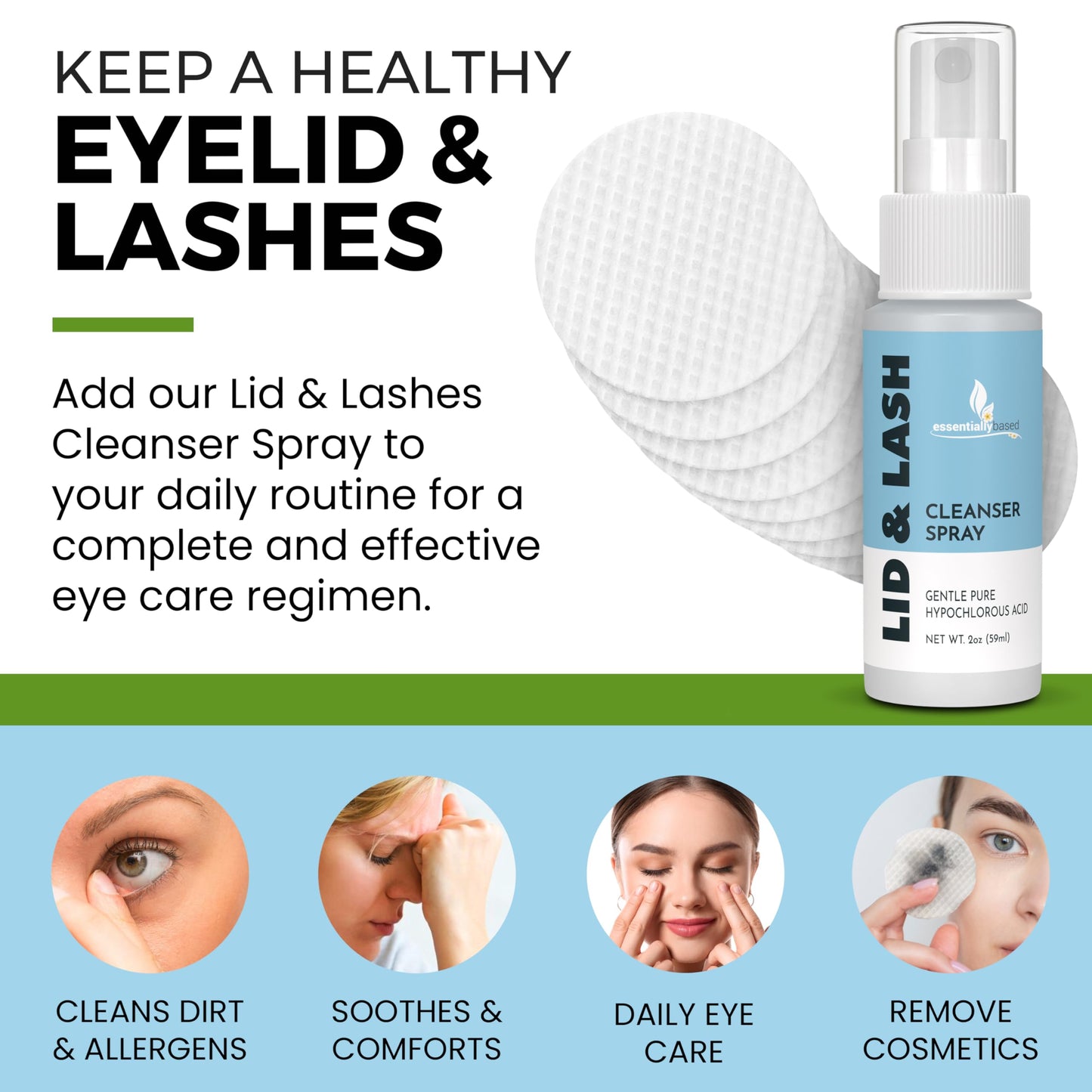 Essentially Based Eyelid Cleanser Kit - 2 oz Eyelids and Eyelash Cleaner - Hypochlorous Acid Spray Solution - Eye Wash Solution with 30 Application Pads - Made in USA