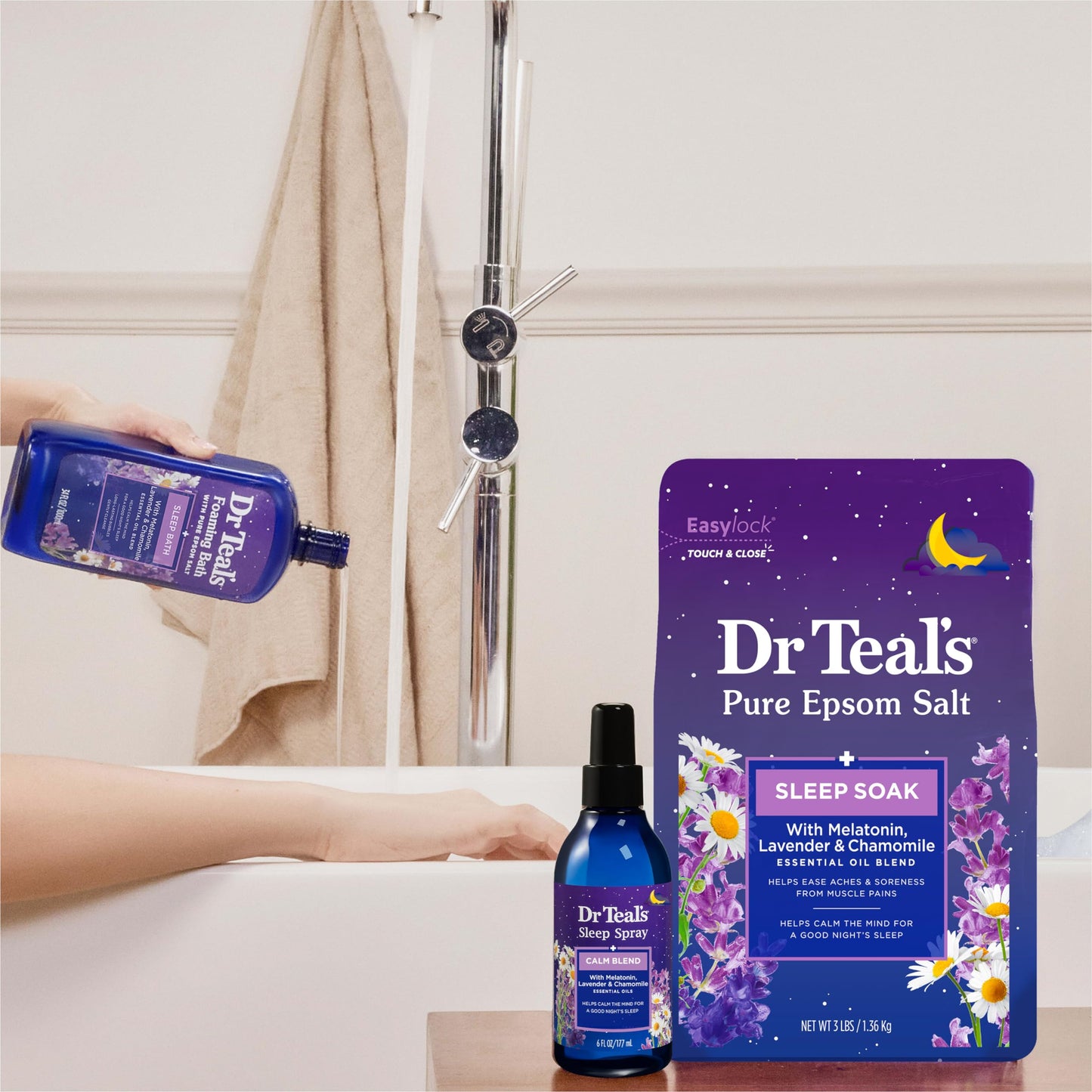 Dr Teal's Foaming Bath with Pure Epsom Salt, Sleep Blend with Melatonin, Lavender & Chamomile Essential Oils, 34 fl oz (Pack of 2) (Packaging May Vary)