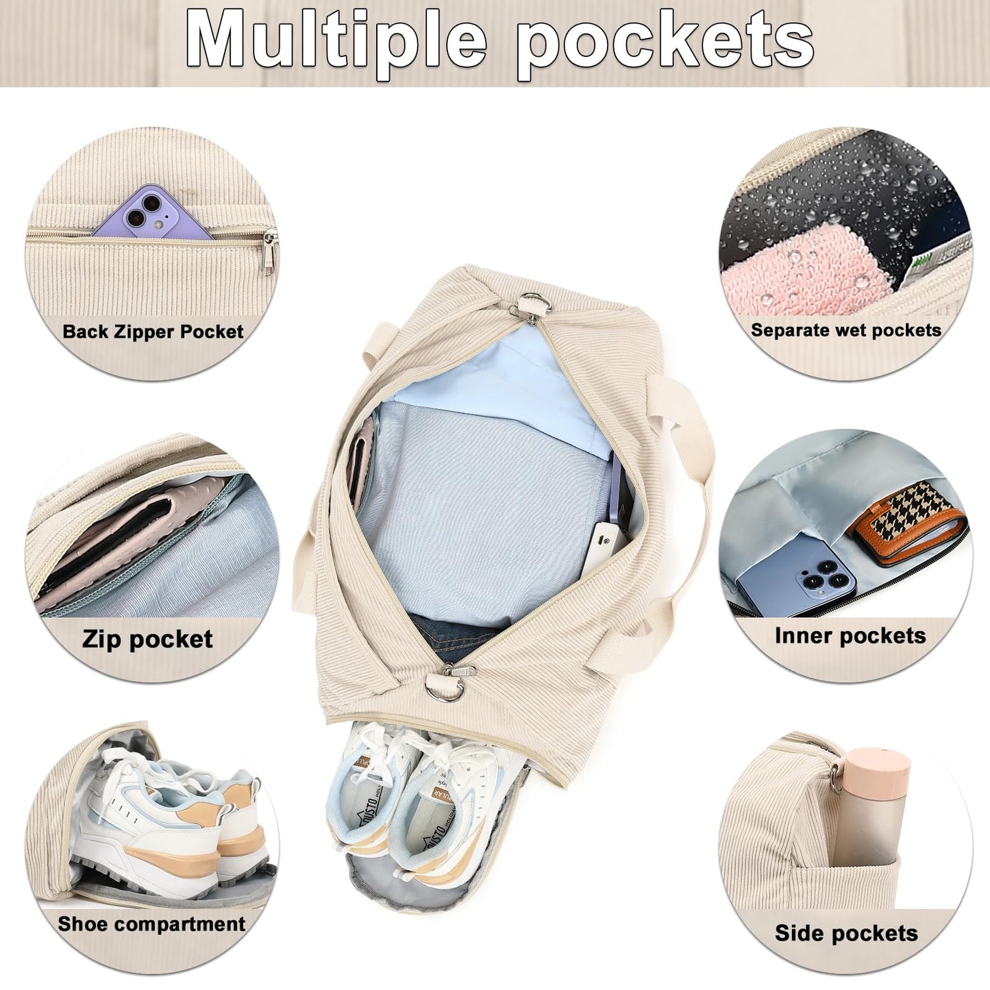 Duffle Bag for Gym Sports Women Girls Workout Travel Bag Weekender with Shoe Compartment and Wet Pocket (Corduroy-beige)