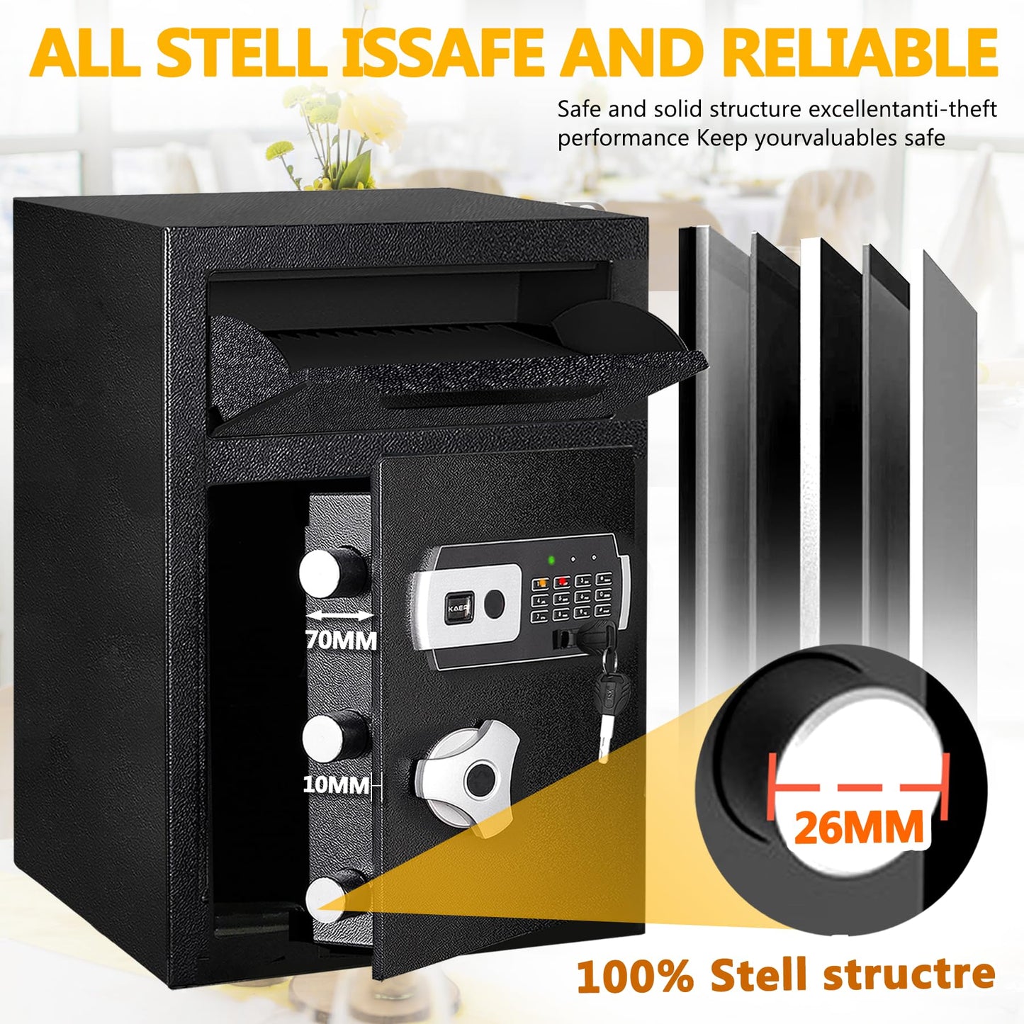 2.6 CUB Depository Drop Safe Fireproof, Front Drop Slot Lock Box with Digital Combination and Anti-Fishing, Silent Deposit Safe Box, Security Money Safe for Cash Slips Expense Business Office Home