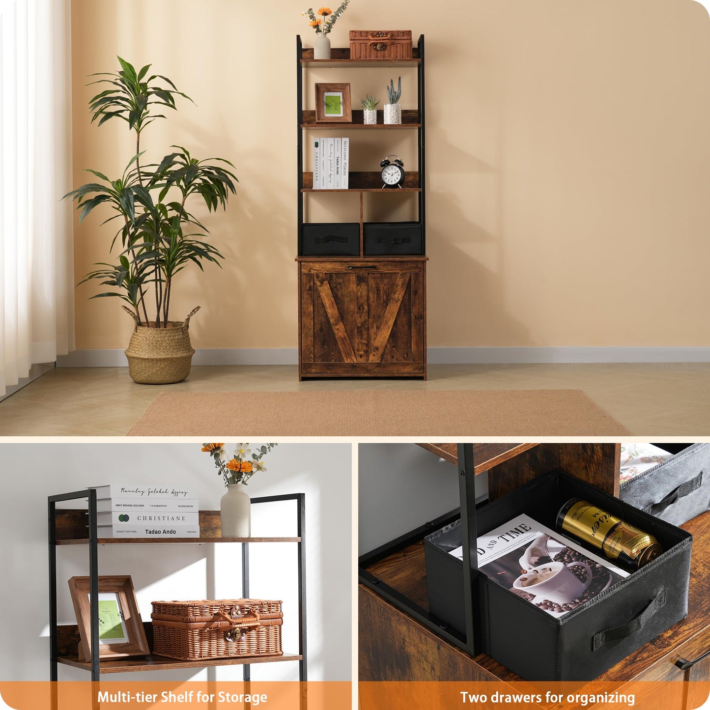 Dwanton Litter Box Enclosure with 3 Storage Shelves and 2 Drawers, 2-in-1 Hidden Cat Litter Box Enclosure Furniture with Shelf, Reversible Entrance, Washable Drawers, 61.8-Inch, Rustic Brown