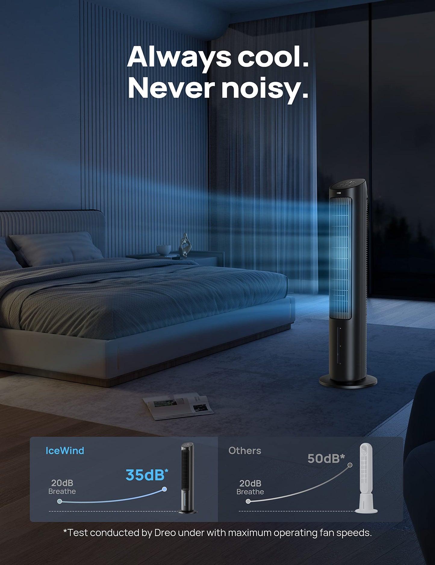 Dreo Tower Fan, 40” Fans that Blow Cold Air, 80° Oscillating, Removable Water Tank, Remote Control, 4 Speeds, 7H Timer, Bedroom, Black