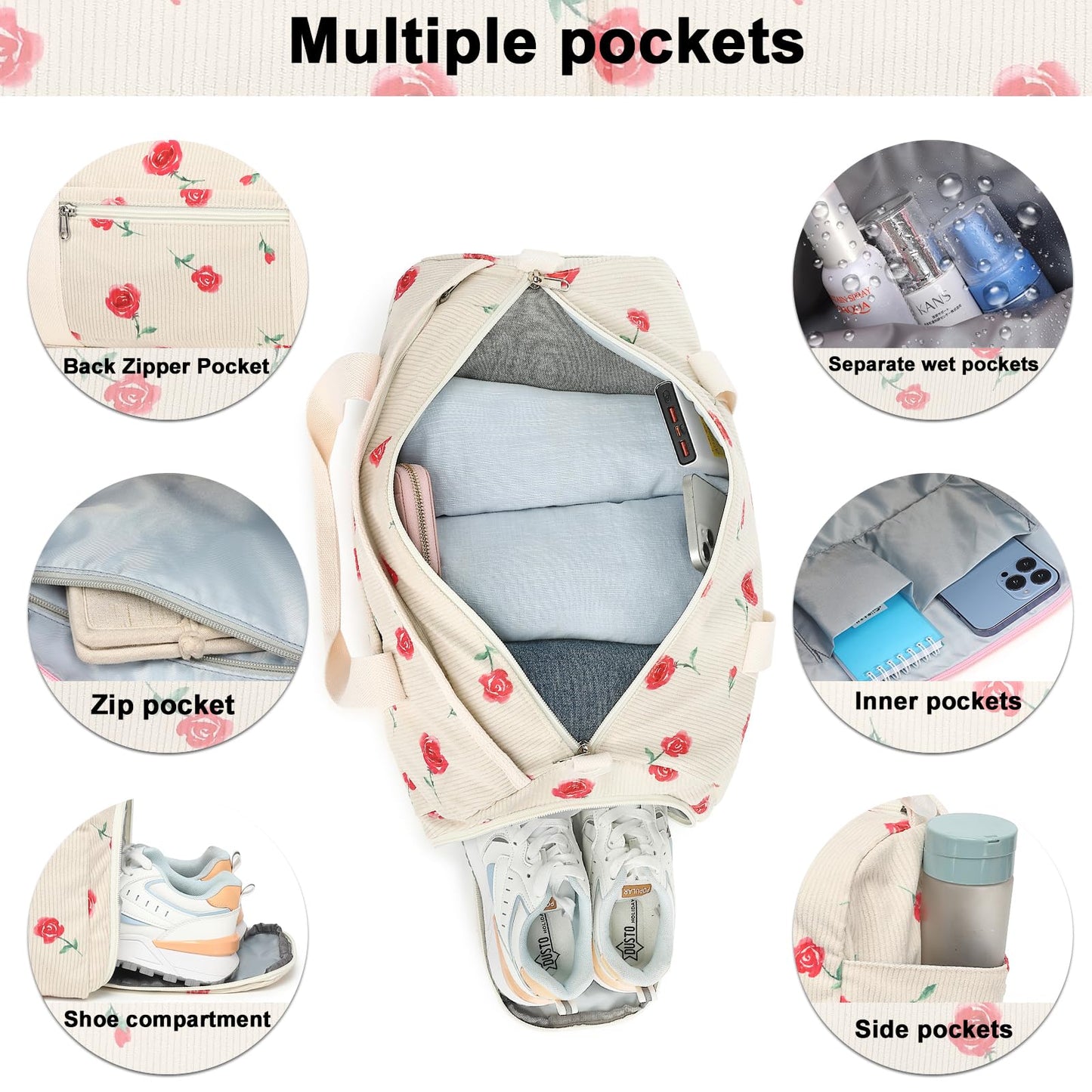 Duffle Bag for Gym Sports Women Girls Workout Travel Bag Weekender with Shoe Compartment and Wet Pocket (Corduroy-Red Rose)