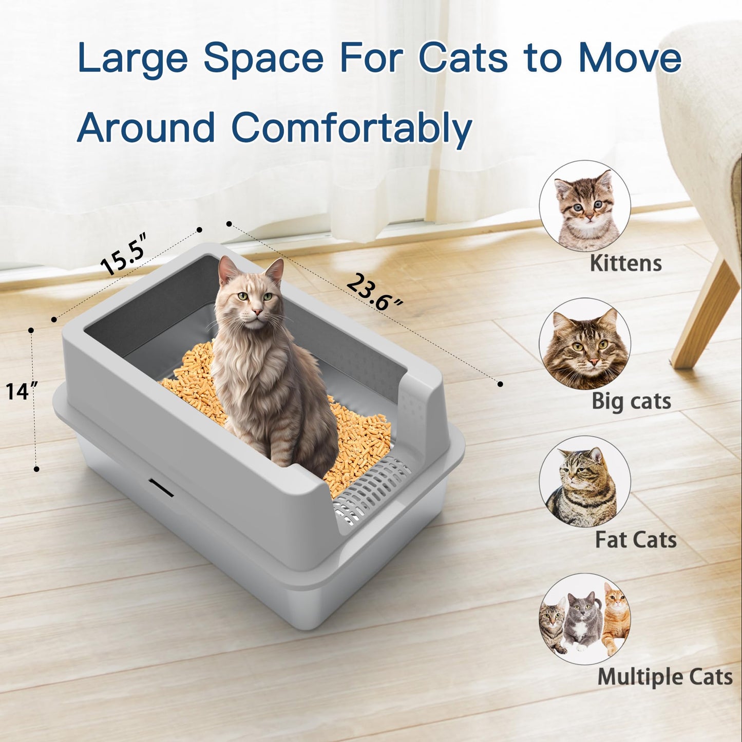 2PACK Stainless Steel Sifting Litter Box for Pine Pellets,Enclosed Metal Sifting Cat Litter Box with Lid,High Sides, Anti-Urine Leakage