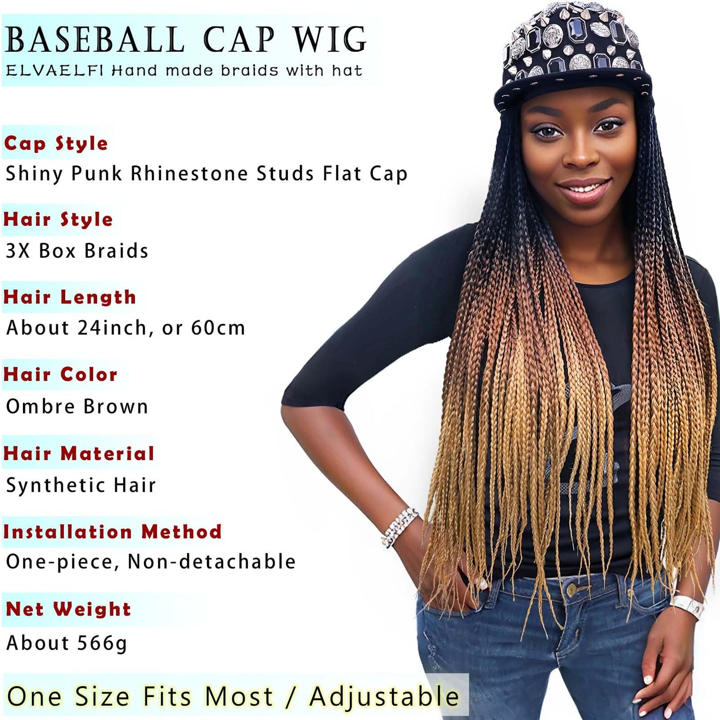 ELVAELFI 24inch Box Braid Hair Extensions Ombre Brown, Punk Studs Flat Baseball Cap Wigs for Women Girls Easy Wear
