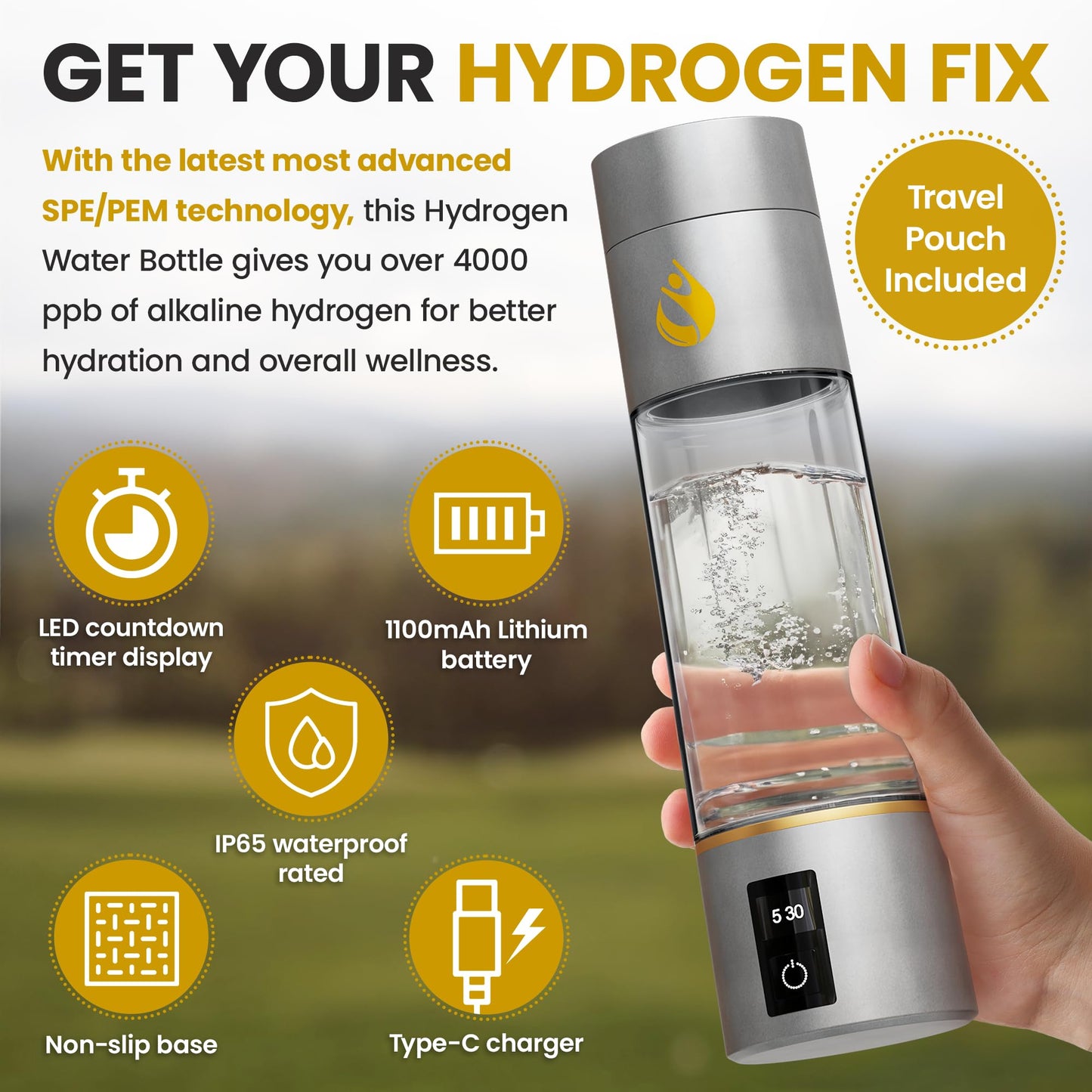 Epick Resources Hydrogen Water Bottle Generator – 4000+ ppb Alkaline Hydrogen Water Machine with 2025 SPE/PEM Technology – 270ml Ionizer for Home, Office & Travel