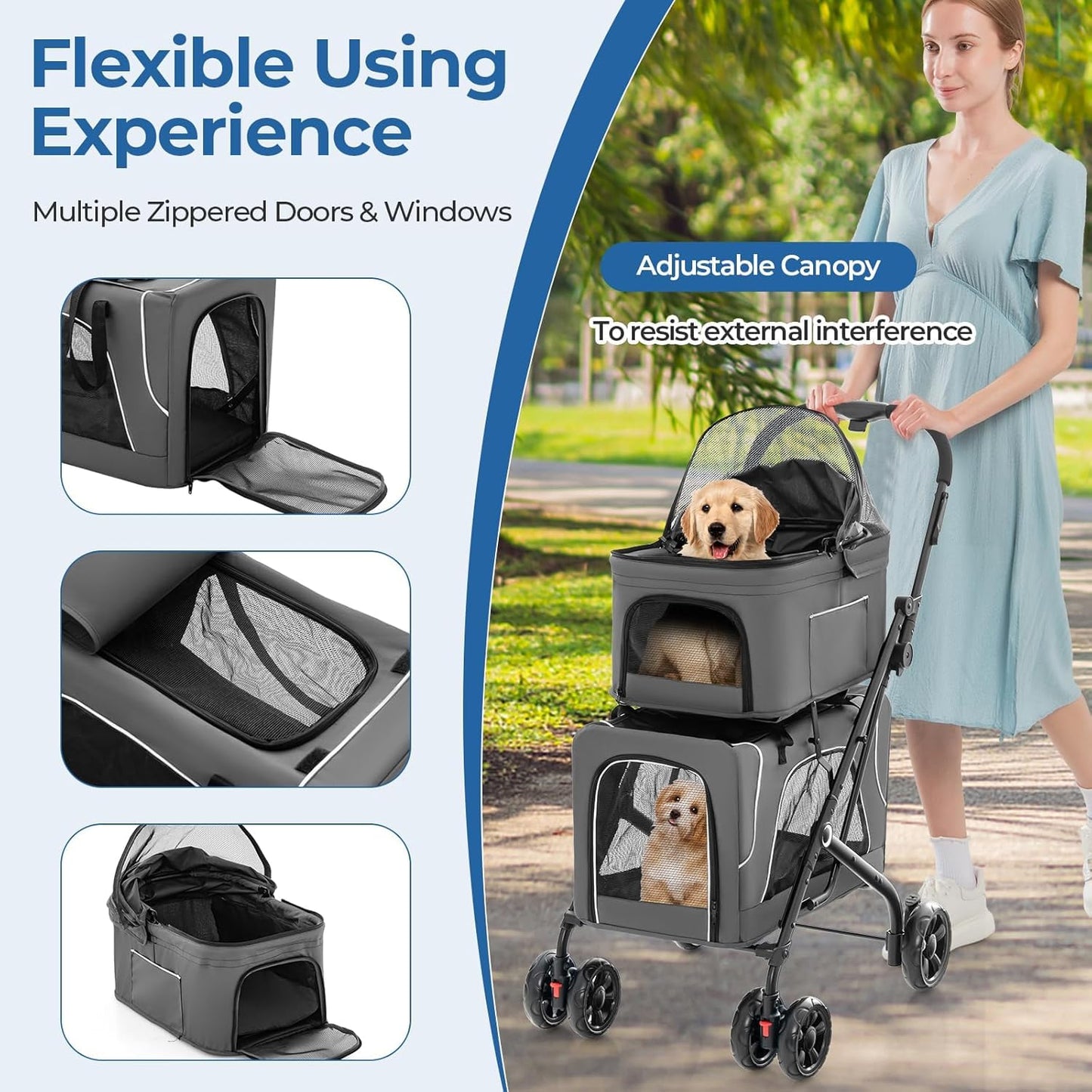 Double Dog Stroller, Foldable 3-in-1 Cat Strollers with 2 Detachable Carriers, Safety Belt, Washable Cover, Removable Pads, 4 Wheels Travel Pet Stroller for Small Medium Dogs(Grey)