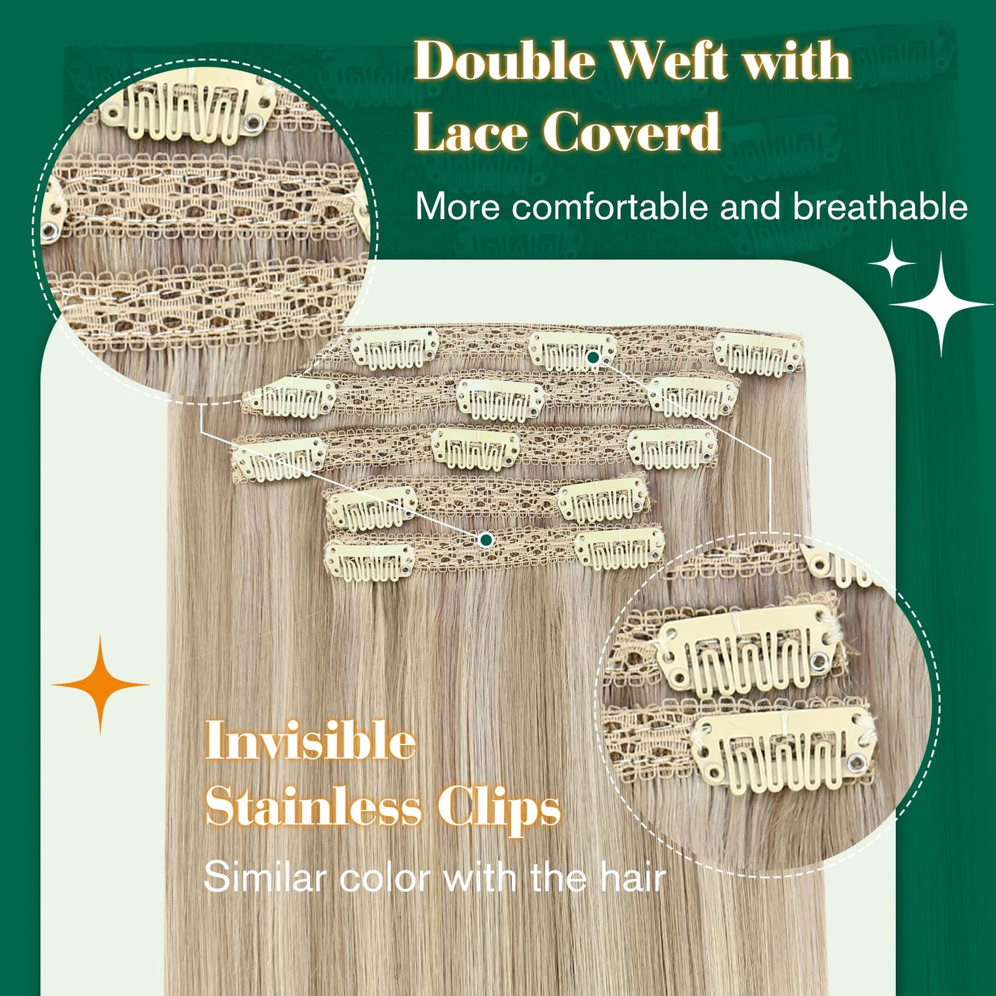 Easyouth Clip in Hair Extensions Real Human Hair Highlight Clip in Hair Extensions Ash Blonde Highlights Bleach Blonde Hair Extensions Clip ins Double Weft 12 Inch 70g 5pcs