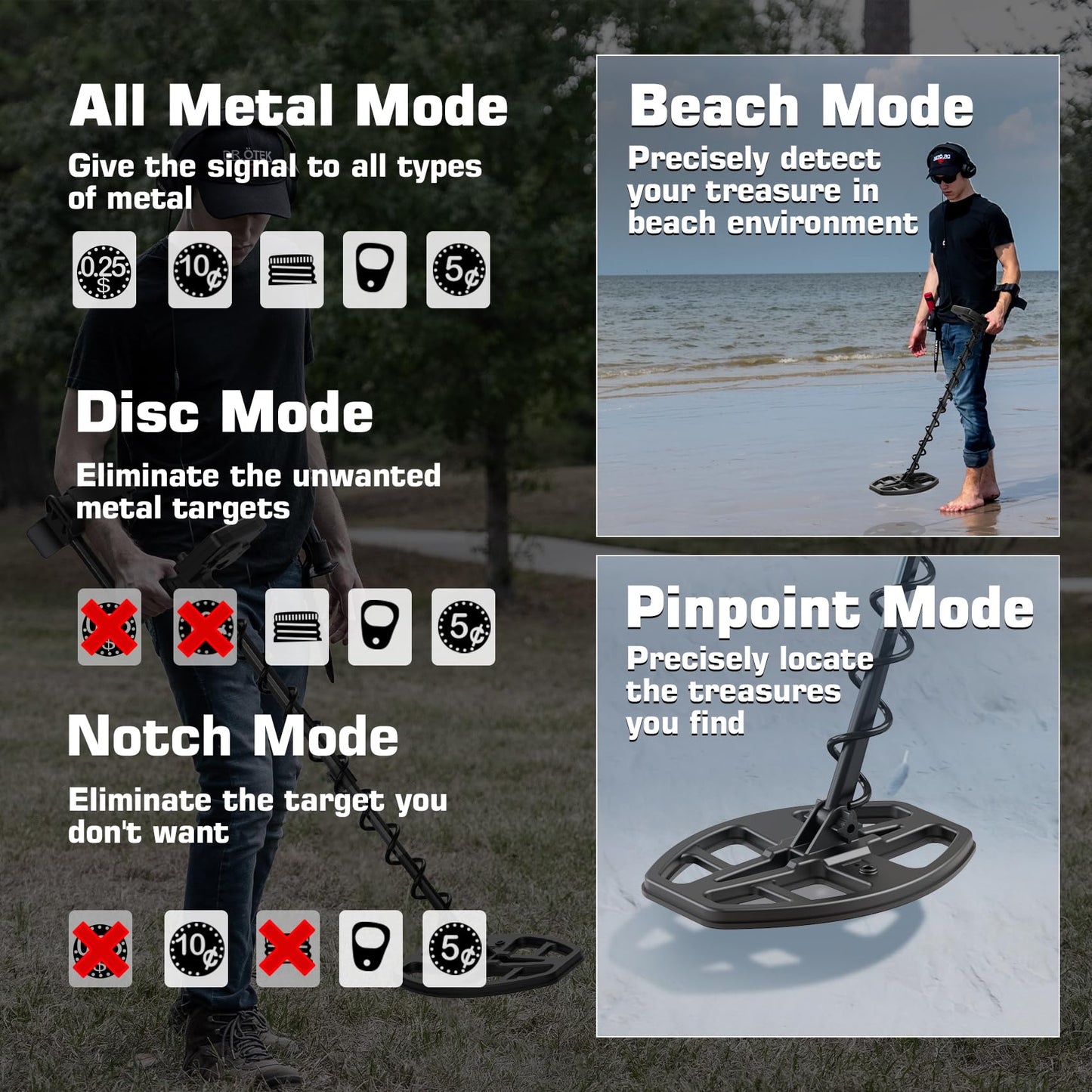 DR.ÖTEK Metal Detector for Adults, Professional Higher Accuracy Metal Detector Kit with Advanced Ground Balance, 5 Modes, 12" Double-D Waterproof Coil, Gold Detector for Beach Hunting